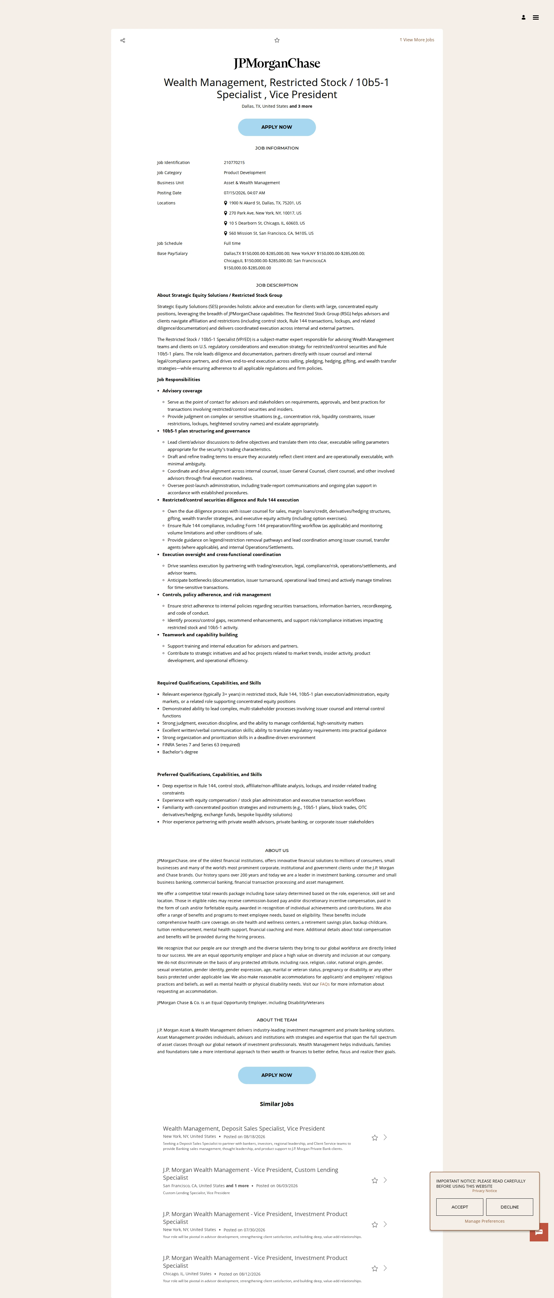 JPMorganChase Wealth Management, Restricted Stock / 10b5-1 Specialist , Vice President 채용공고