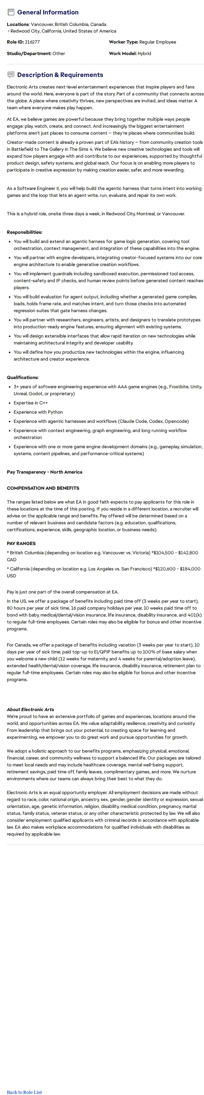 ElectronicArts Software Engineer II - Agentic Workflows 채용공고