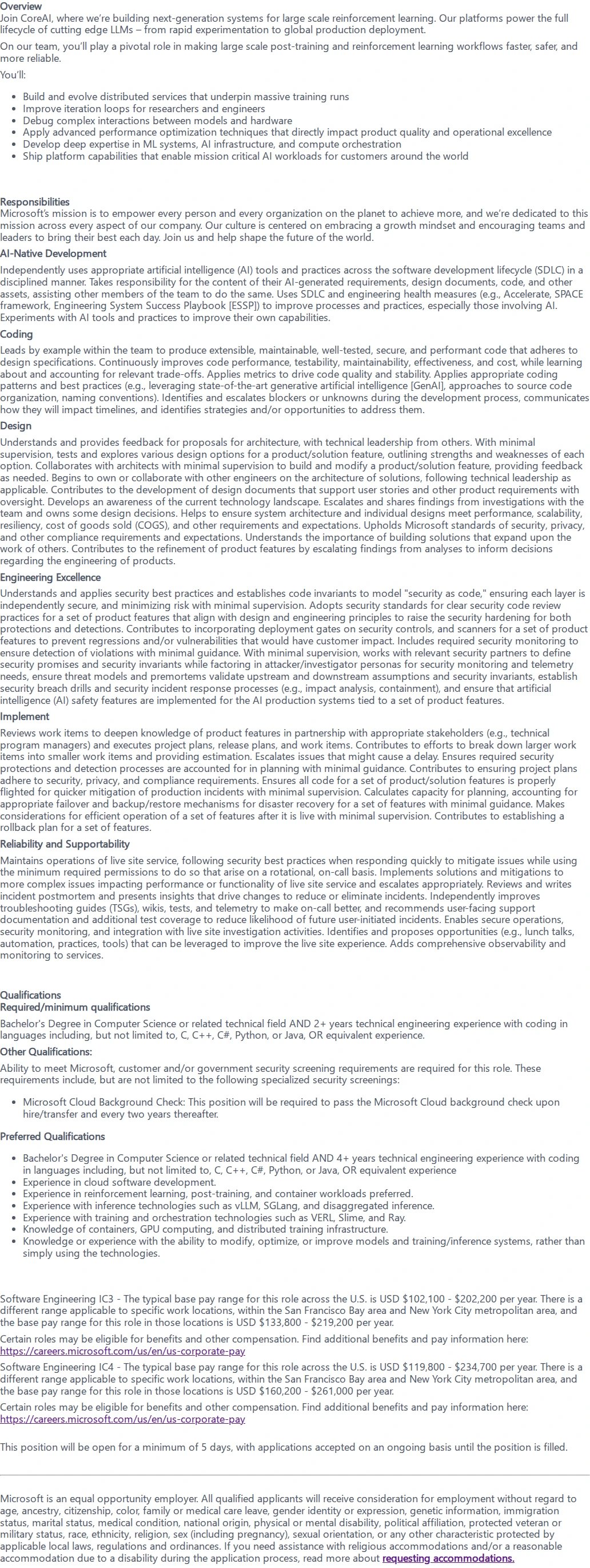 마이크로소프트(Microsoft) Software Engineering II and Senior Software Engineer (CoreAI - Post Training) 채용공고