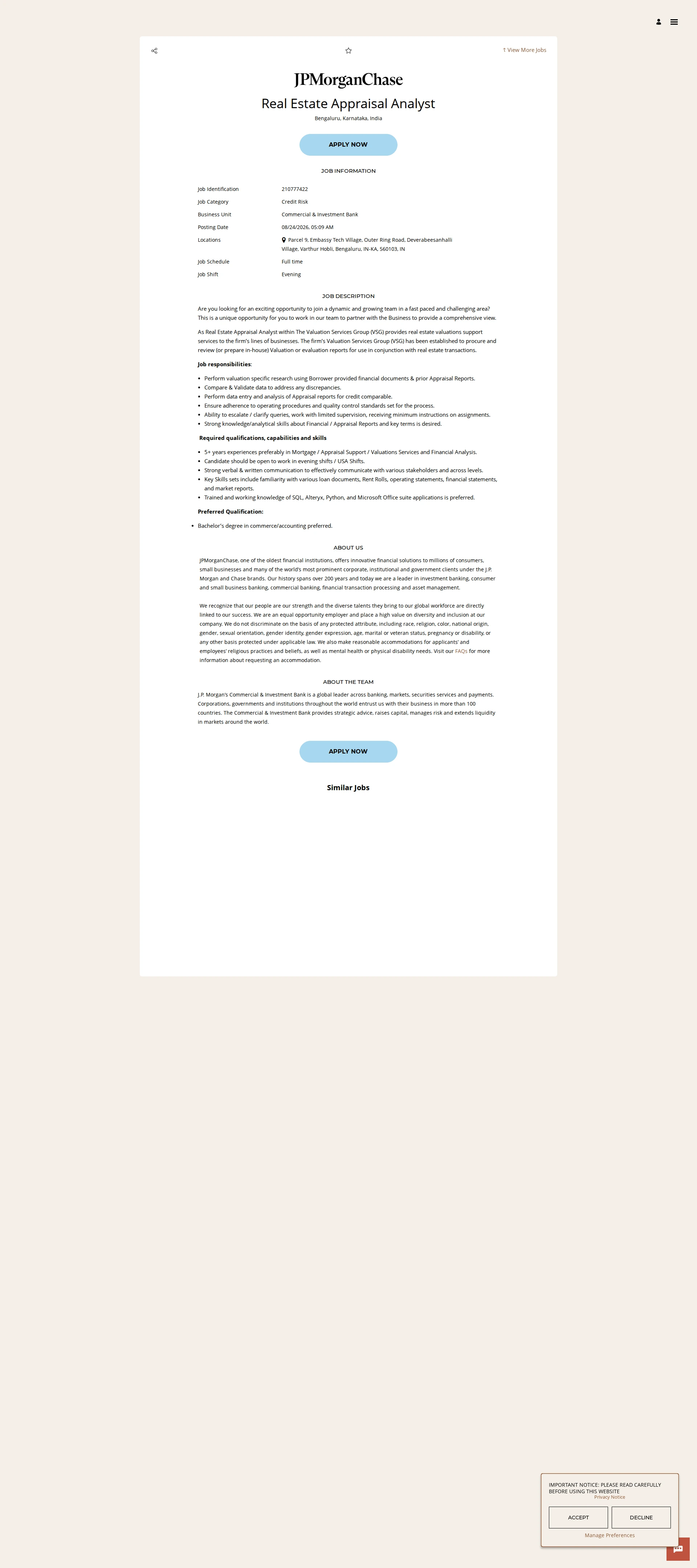 JPMorganChase Real Estate Appraisal Analyst 채용공고