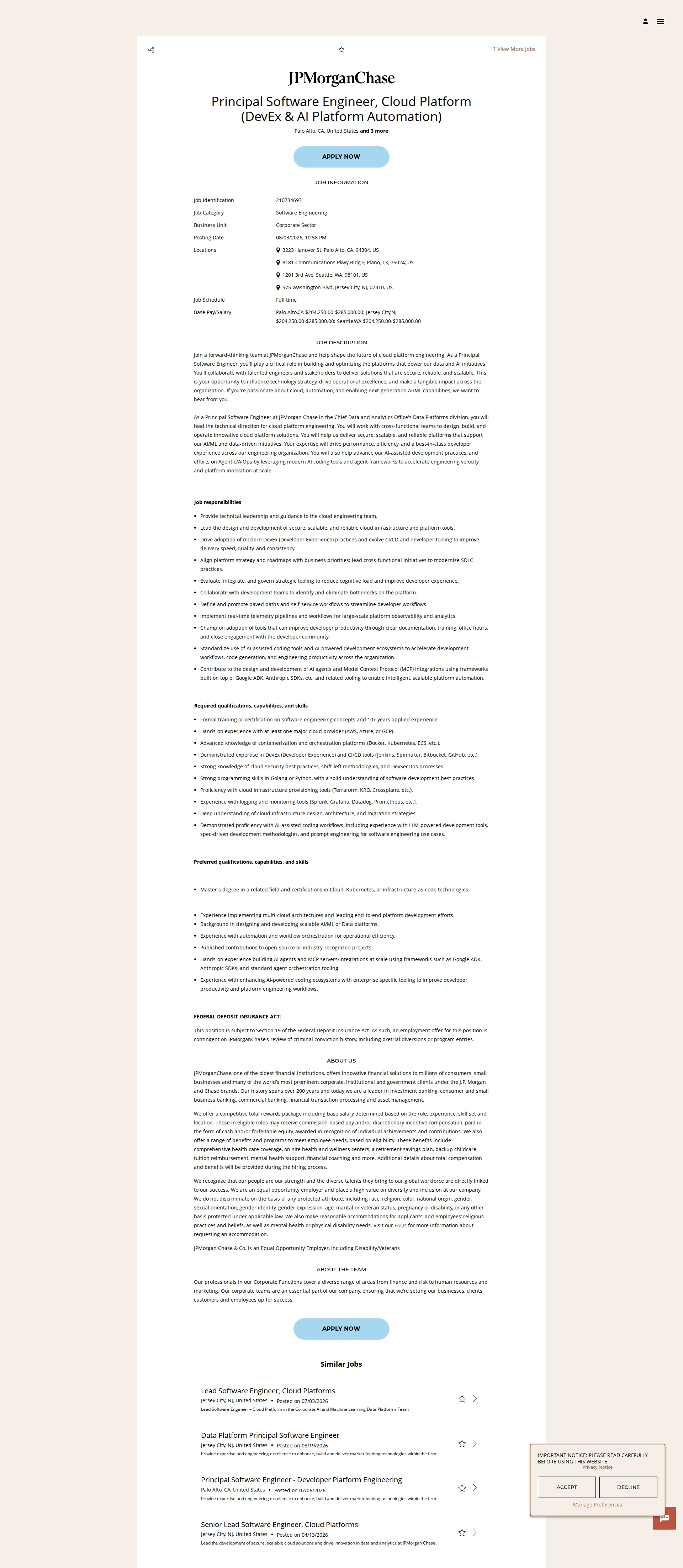 JPMorganChase Principal Software Engineer, Cloud Platform (DevEx & AI Platform Automation) 채용공고
