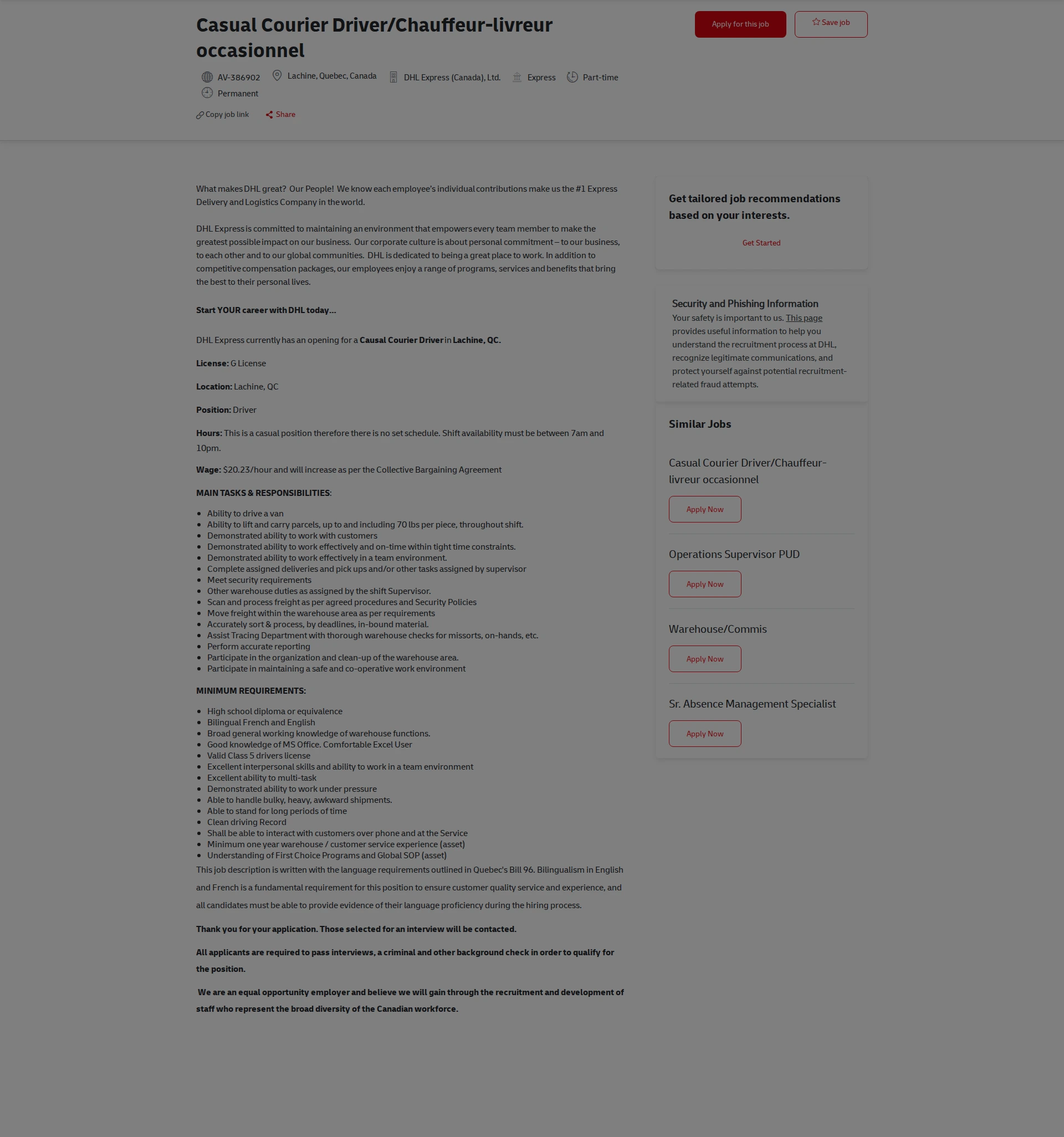 DHL Casual Courier Driver/Chauffeur-livreur occasionnel 채용공고