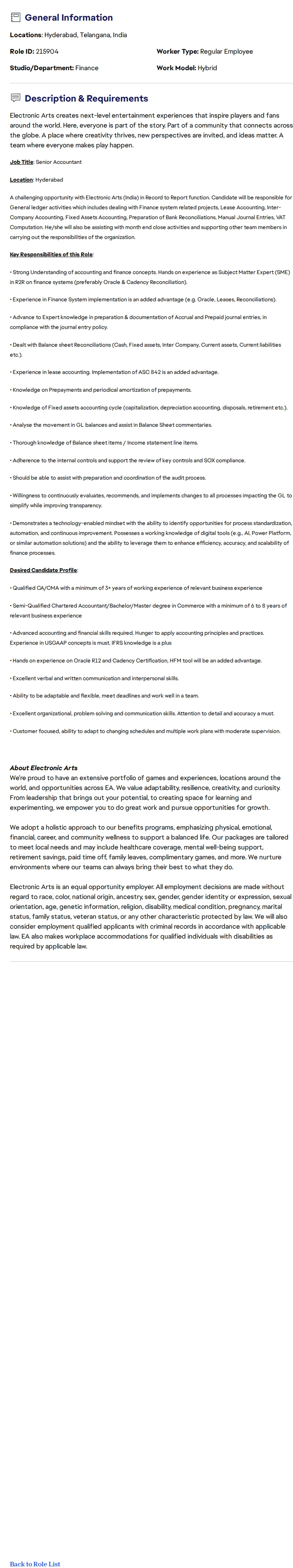 ElectronicArts Senior Accountant II 채용공고