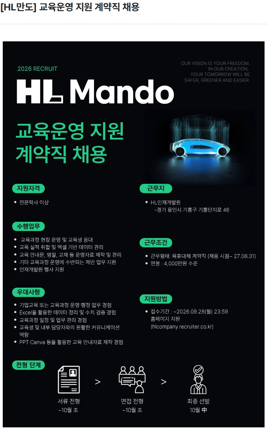 HL만도 [HL만도] 교육운영 지원 계약직 채용 채용공고