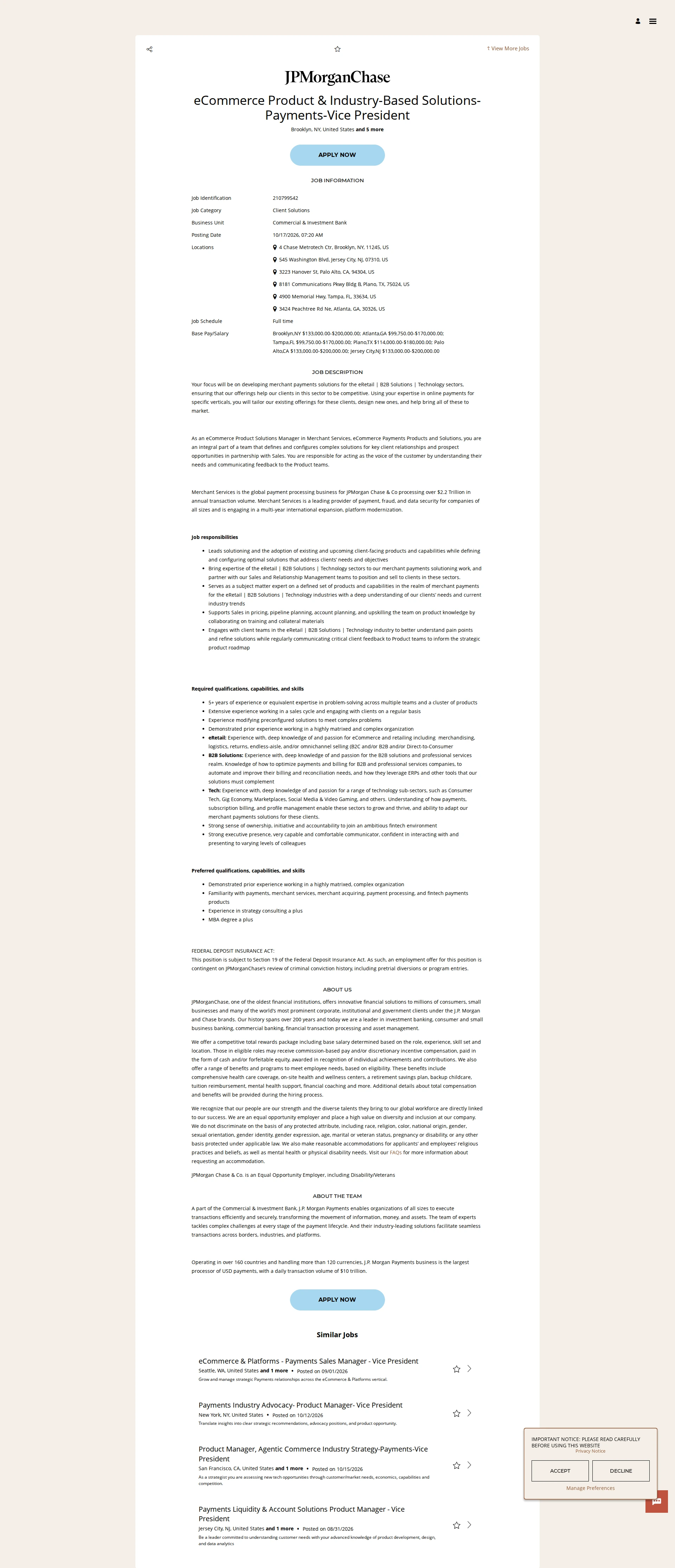 JPMorganChase eCommerce Product & Industry-Based Solutions-Payments-Vice President 채용공고