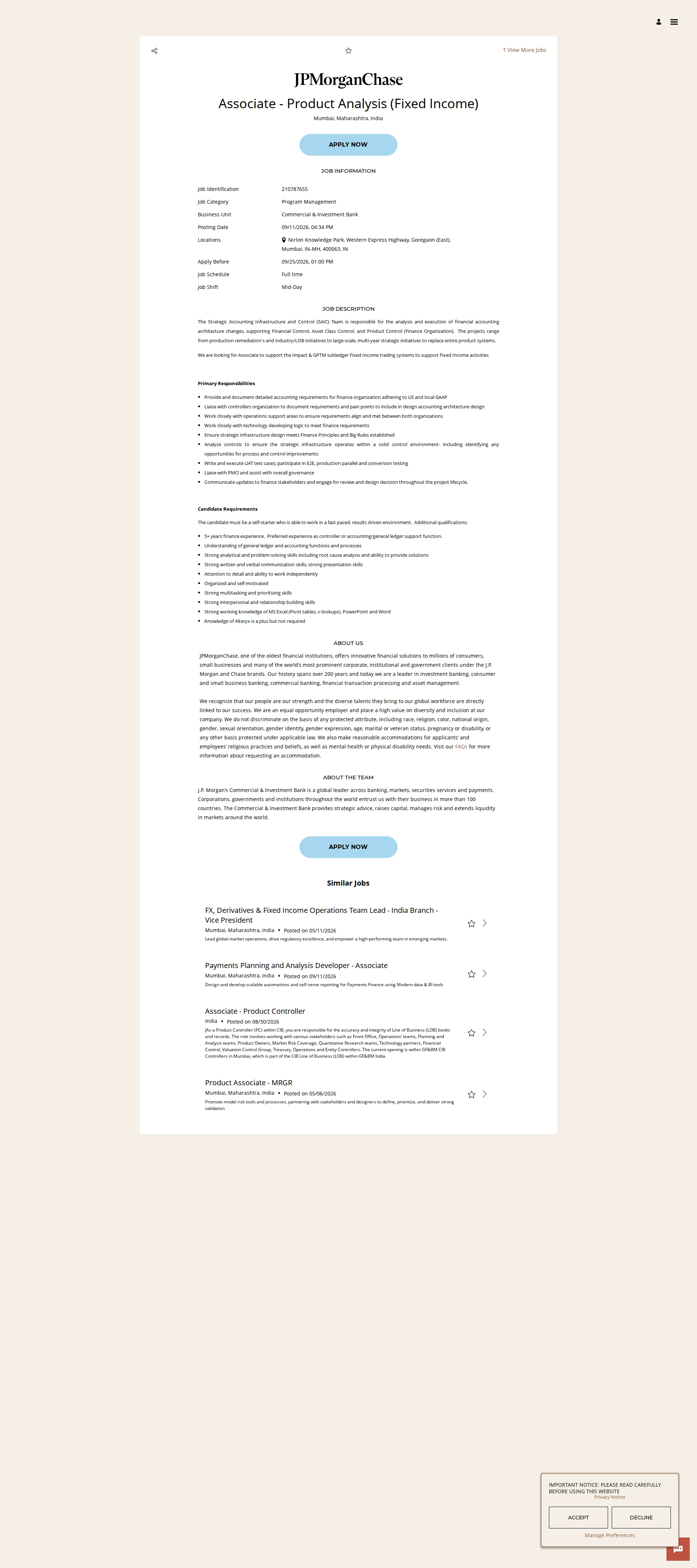 JPMorganChase Associate - Product Analysis (Fixed Income) 채용공고