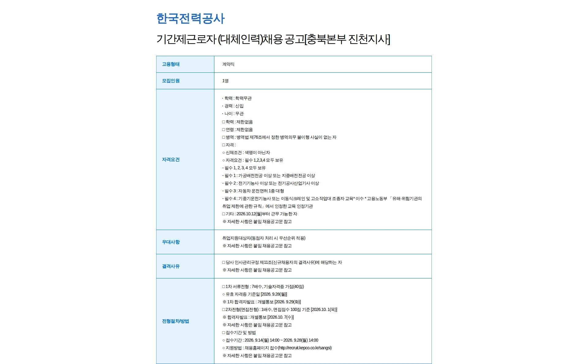 한국전력공사 기간제근로자 (대체인력)채용 공고[충북본부 진천지사] 채용공고