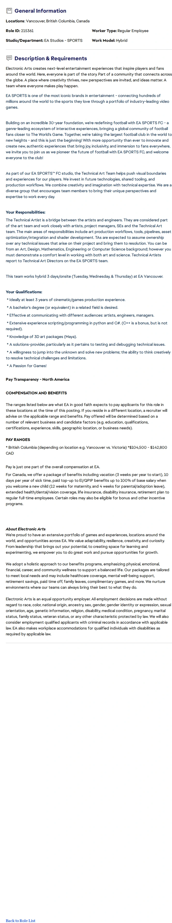 ElectronicArts Technical Artist - EA SPORTS FC 채용공고