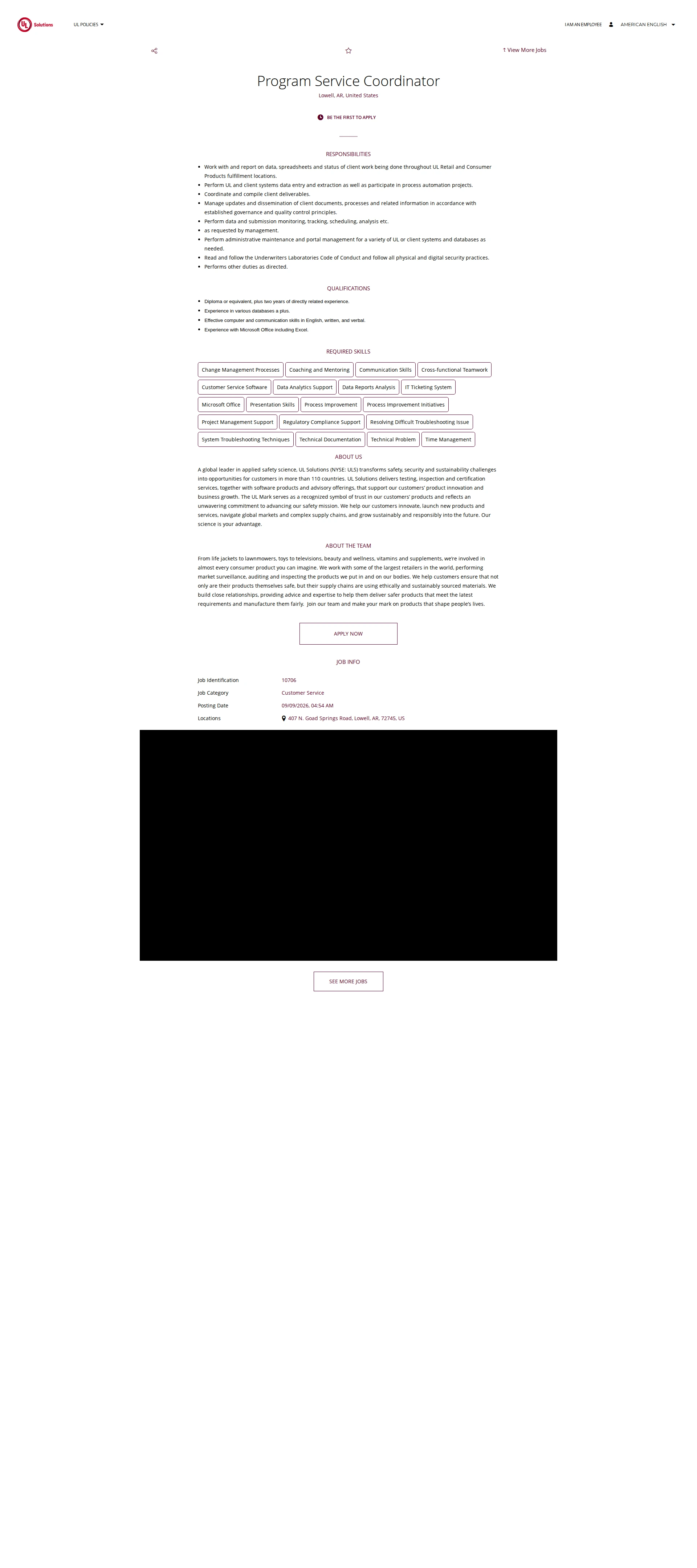 UL Solutions Program Service Coordinator 채용공고
