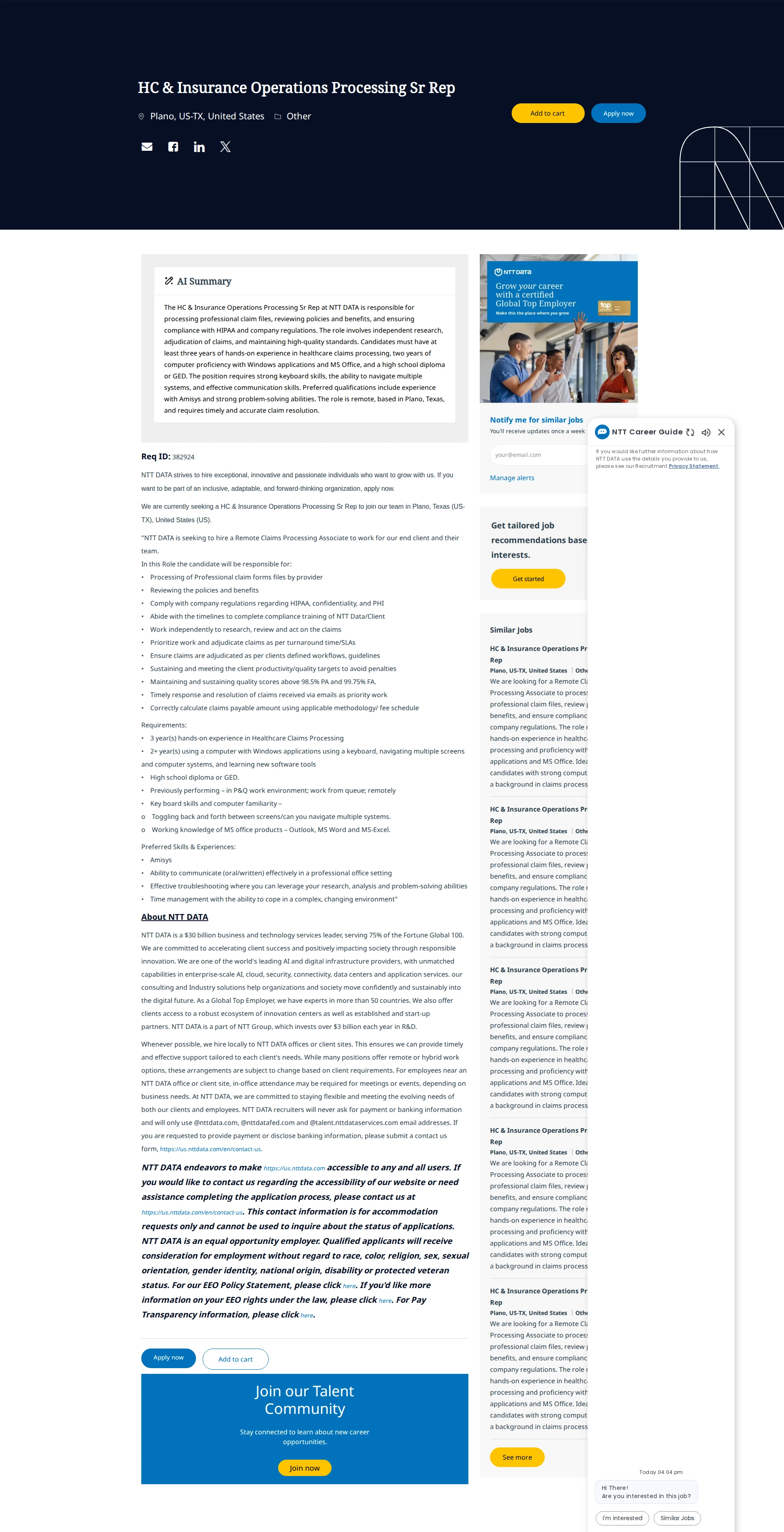 NTT데이터 HC & Insurance Operations Processing Sr Rep 채용공고