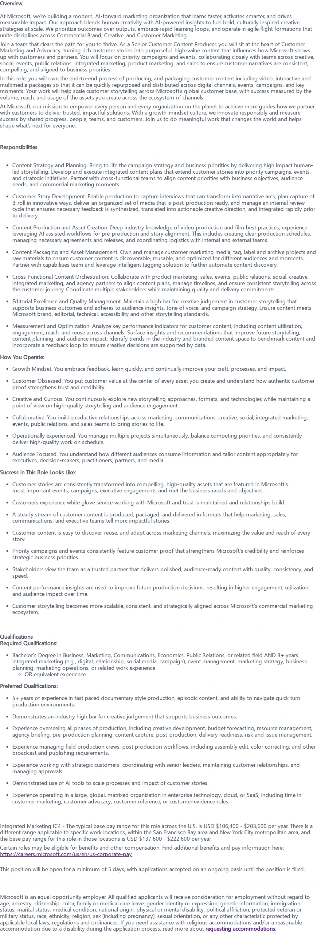 마이크로소프트(Microsoft) Senior Customer Content Producer 채용공고