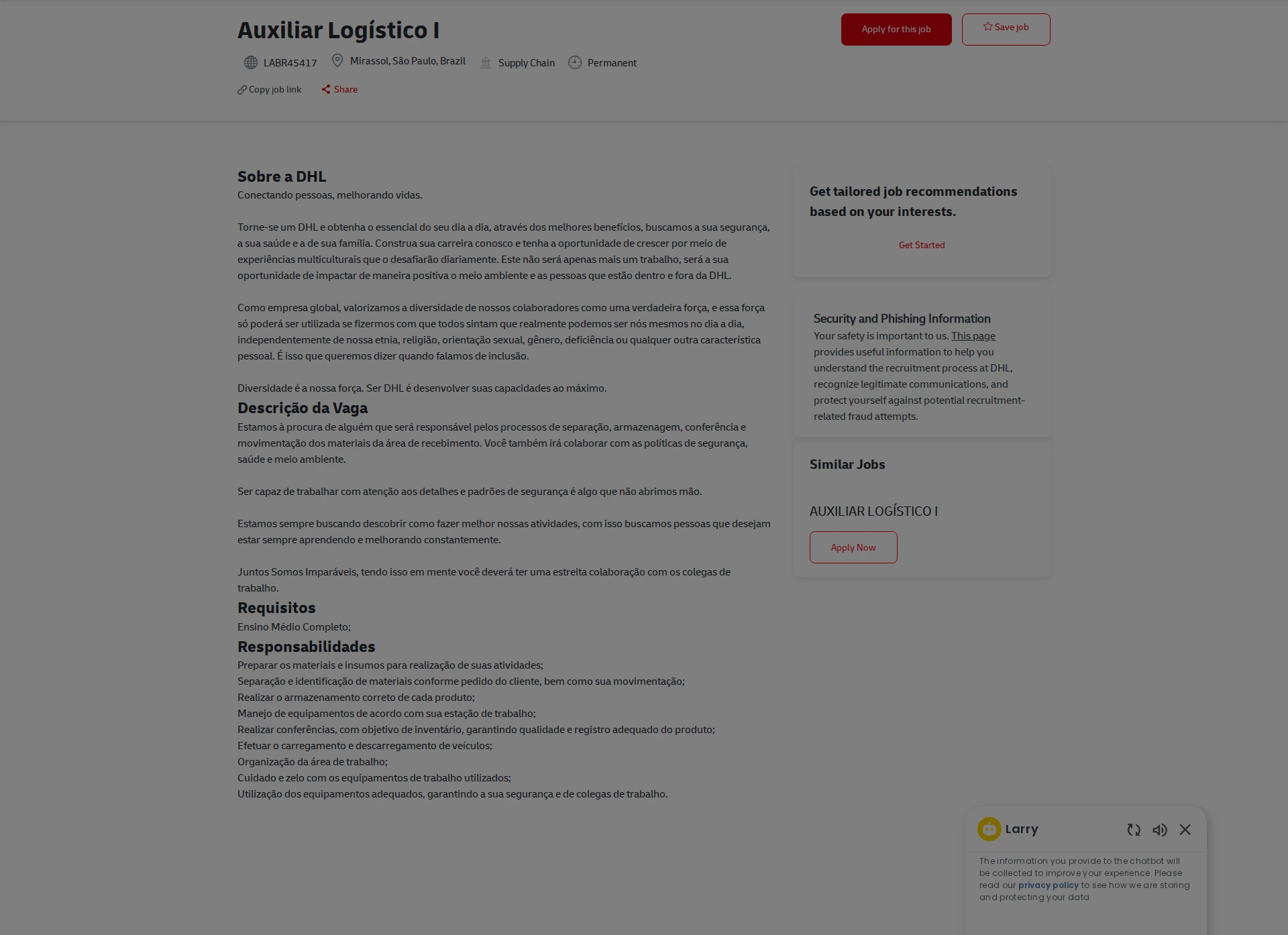DHL Auxiliar Logístico I 채용공고