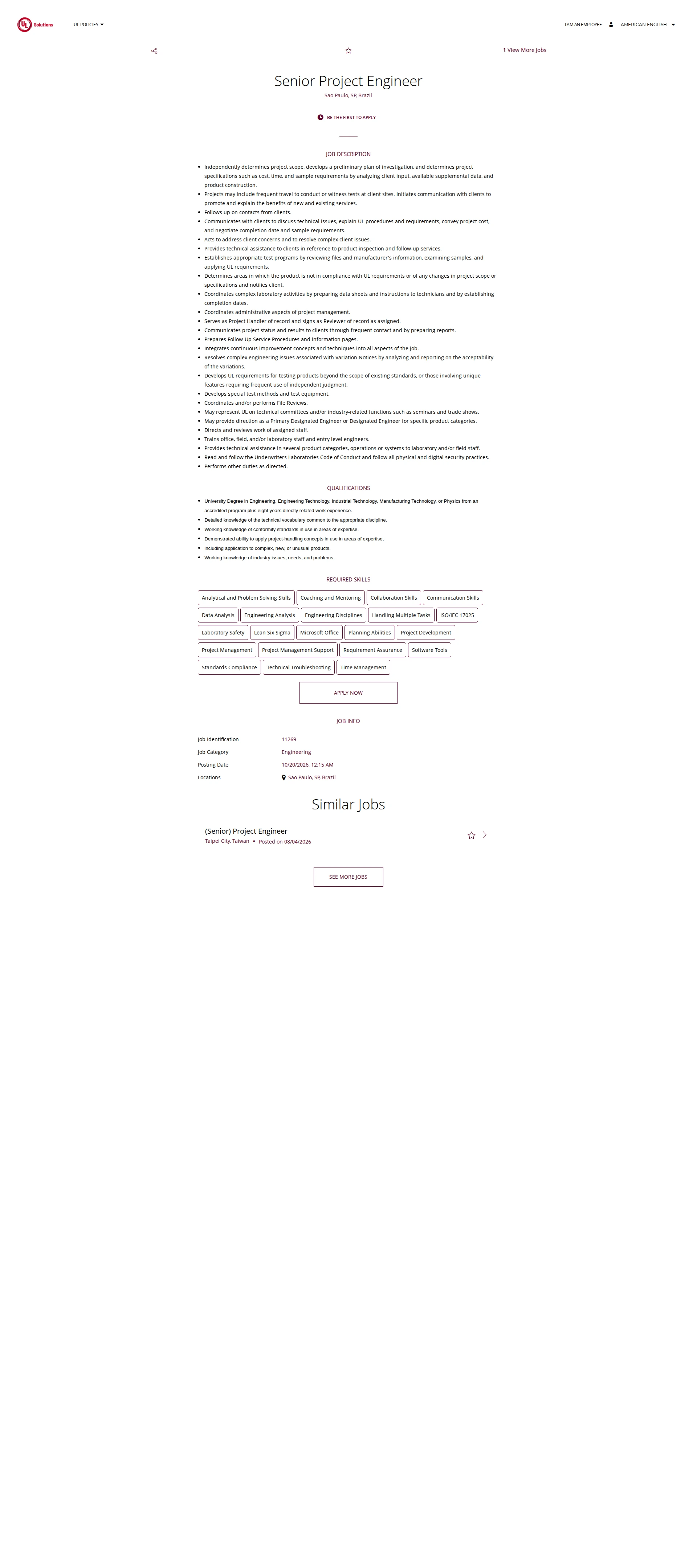 UL Solutions Senior Project Engineer 채용공고