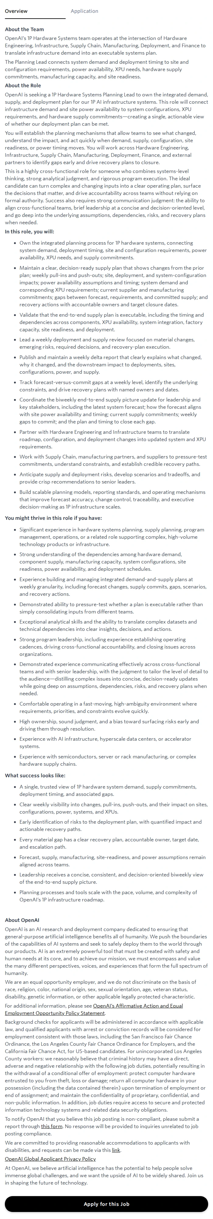 오픈에이아이(OpenAI) Hardware Systems Planning Lead (1P) 채용공고