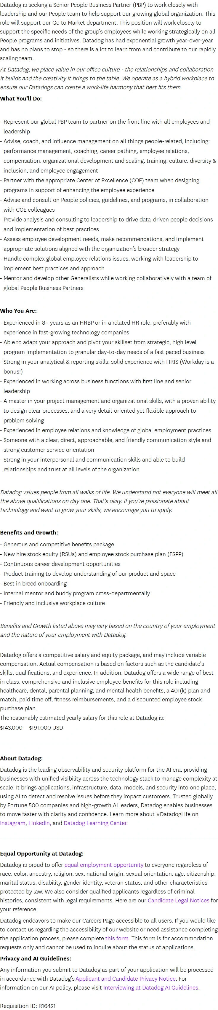 데이터독 Senior People Business Partner - NYC 채용공고