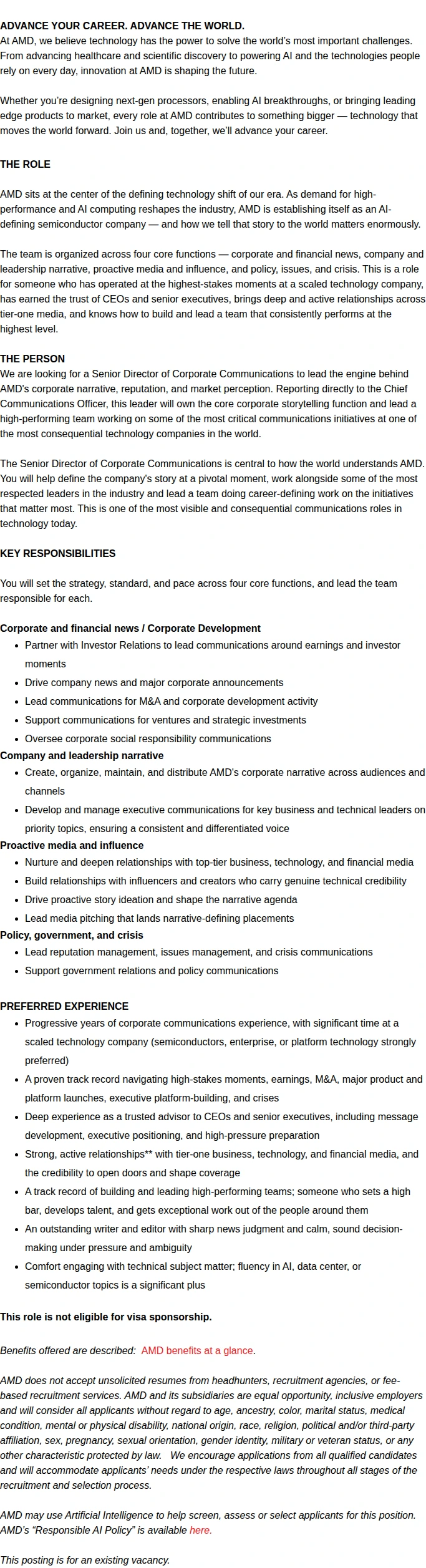 AMD Senior Director, Corporate Communications 채용공고