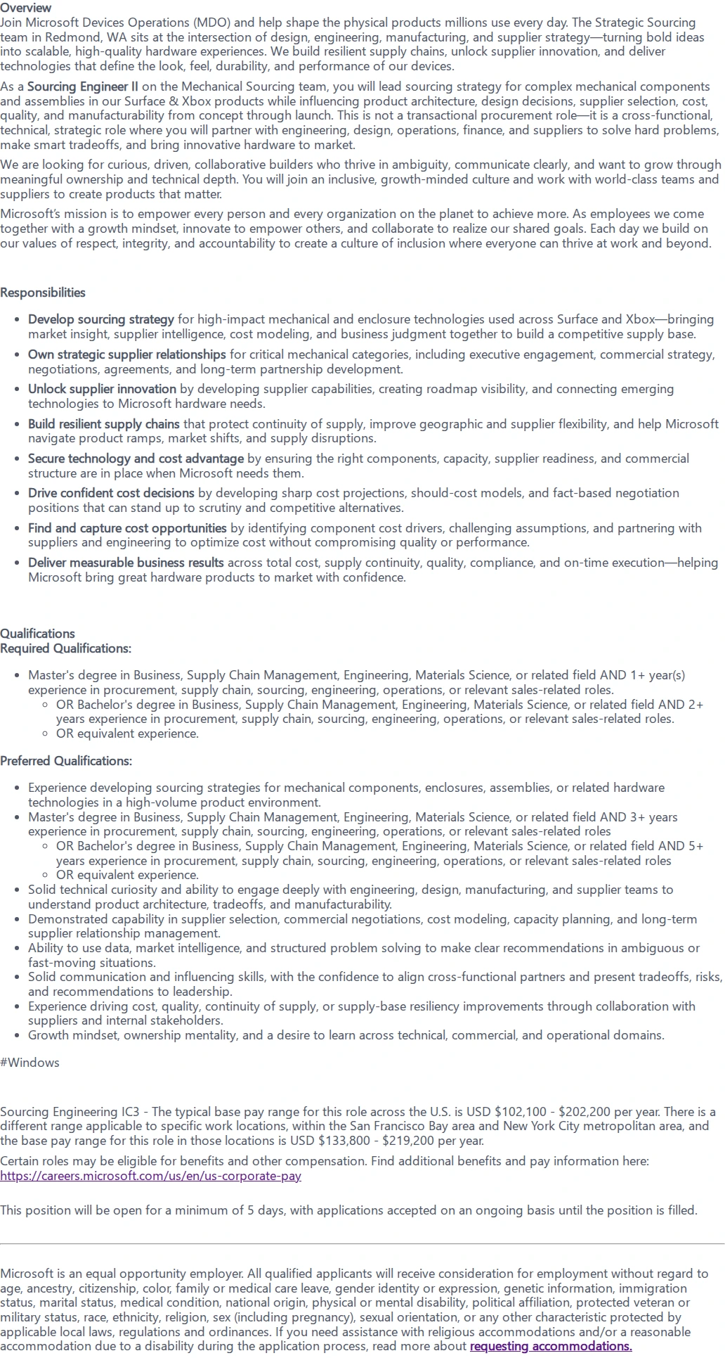 마이크로소프트(Microsoft) Sourcing Engineer II - Mechanical 채용공고