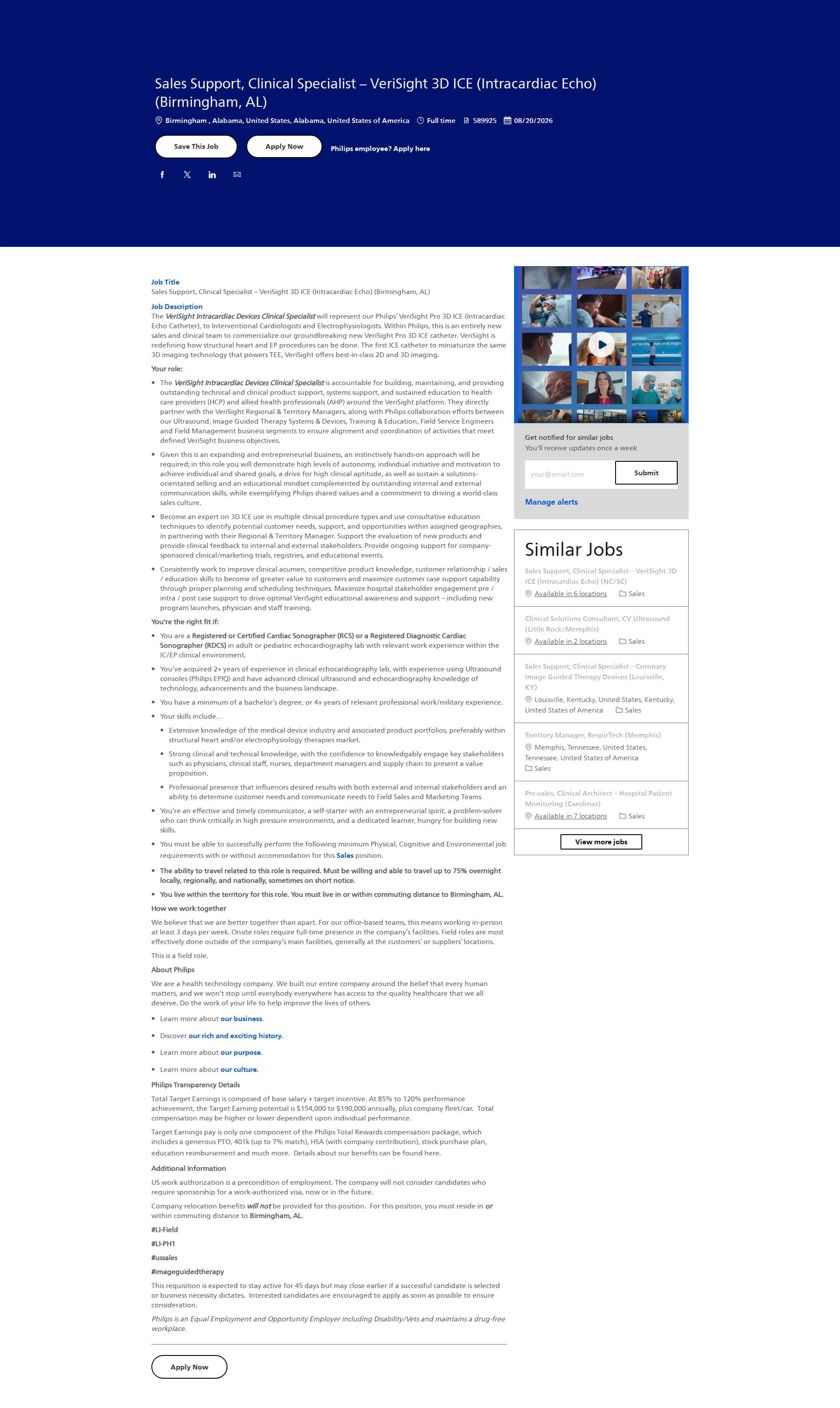 필립스 Sales Support, Clinical Specialist – VeriSight 3D ICE (Intracardiac Echo) (Birmingham, AL) 채용공고