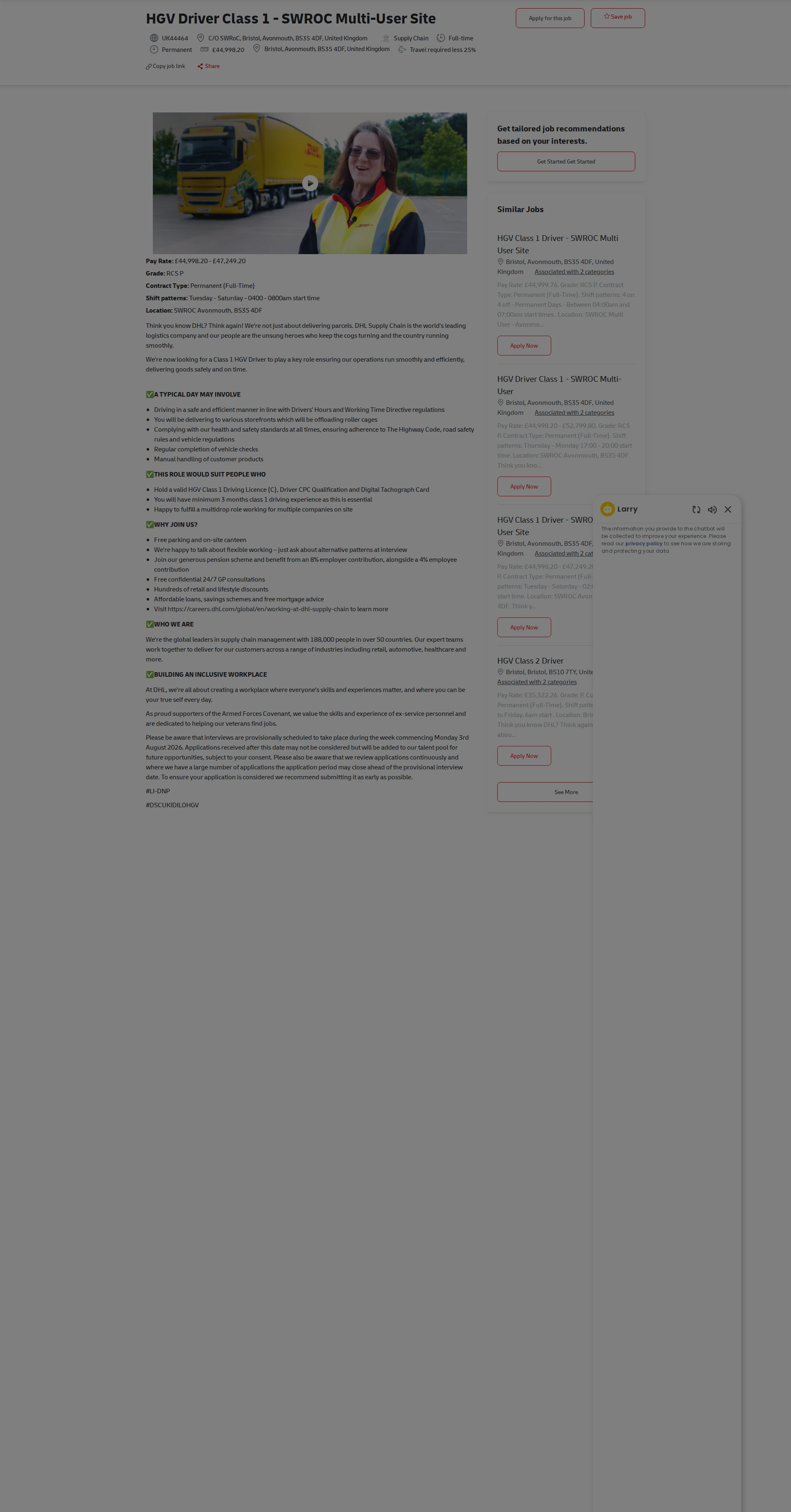 DHL HGV Driver Class 1 - SWROC Multi-User Site 채용공고