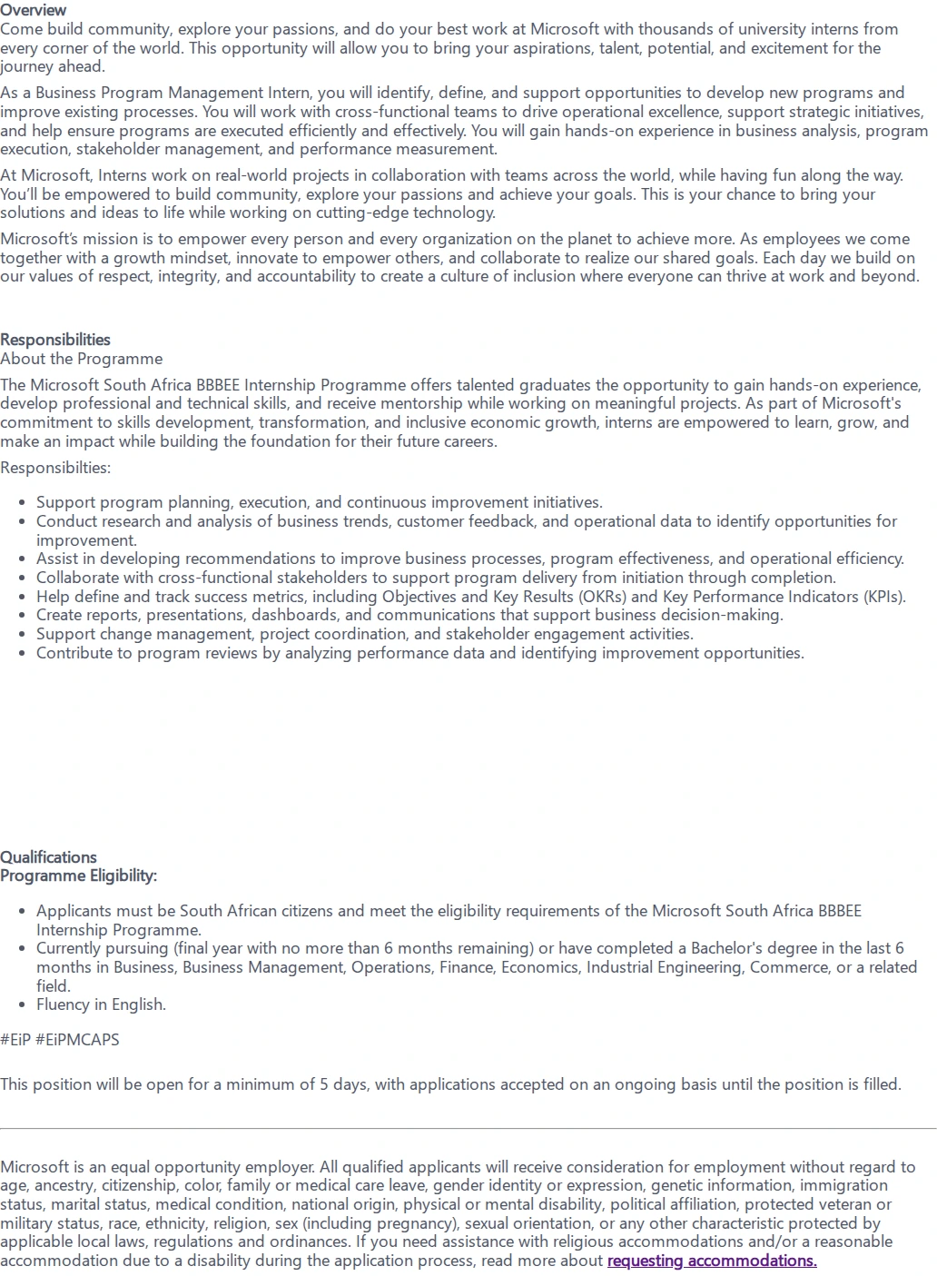 마이크로소프트(Microsoft) Business Program Mgr - BBBEE Internship 채용공고