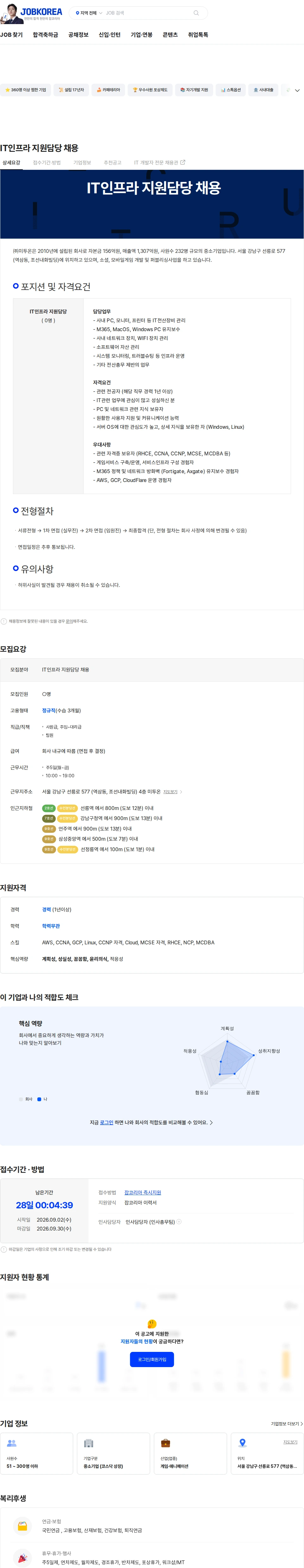 미투온 IT인프라 지원담당 채용 채용공고