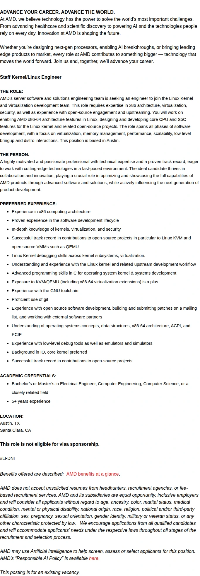 AMD Kernel / Linux Development Engineer 채용공고