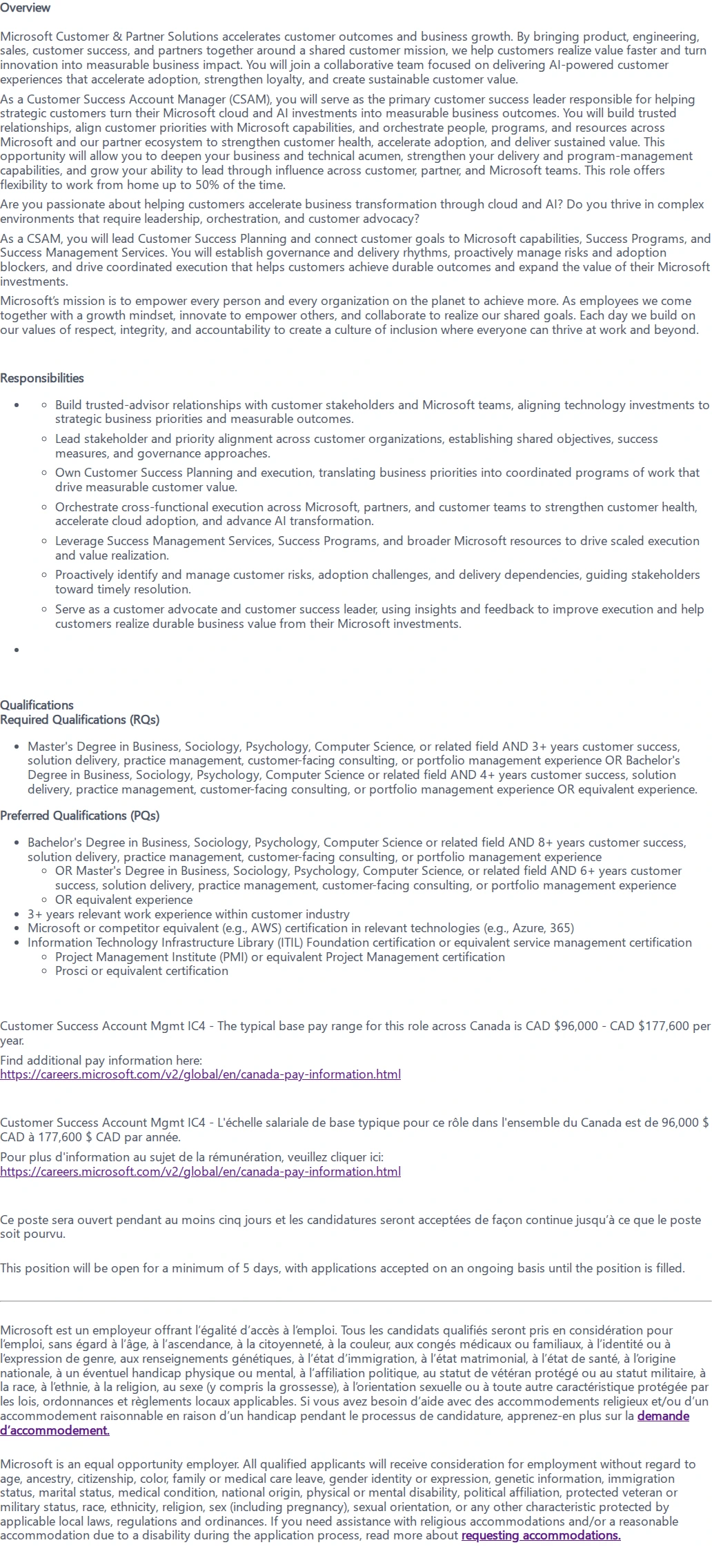마이크로소프트(Microsoft) Customer Success Account Management 채용공고