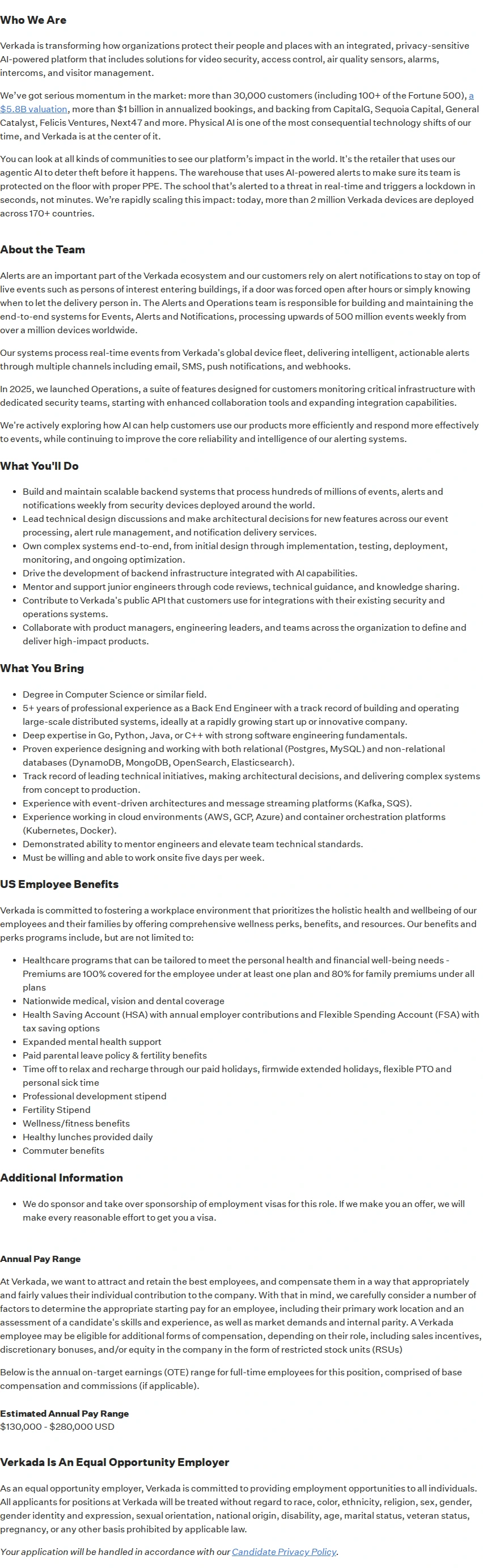 버카다 Senior Backend Engineer - Alerts and Operations 채용공고