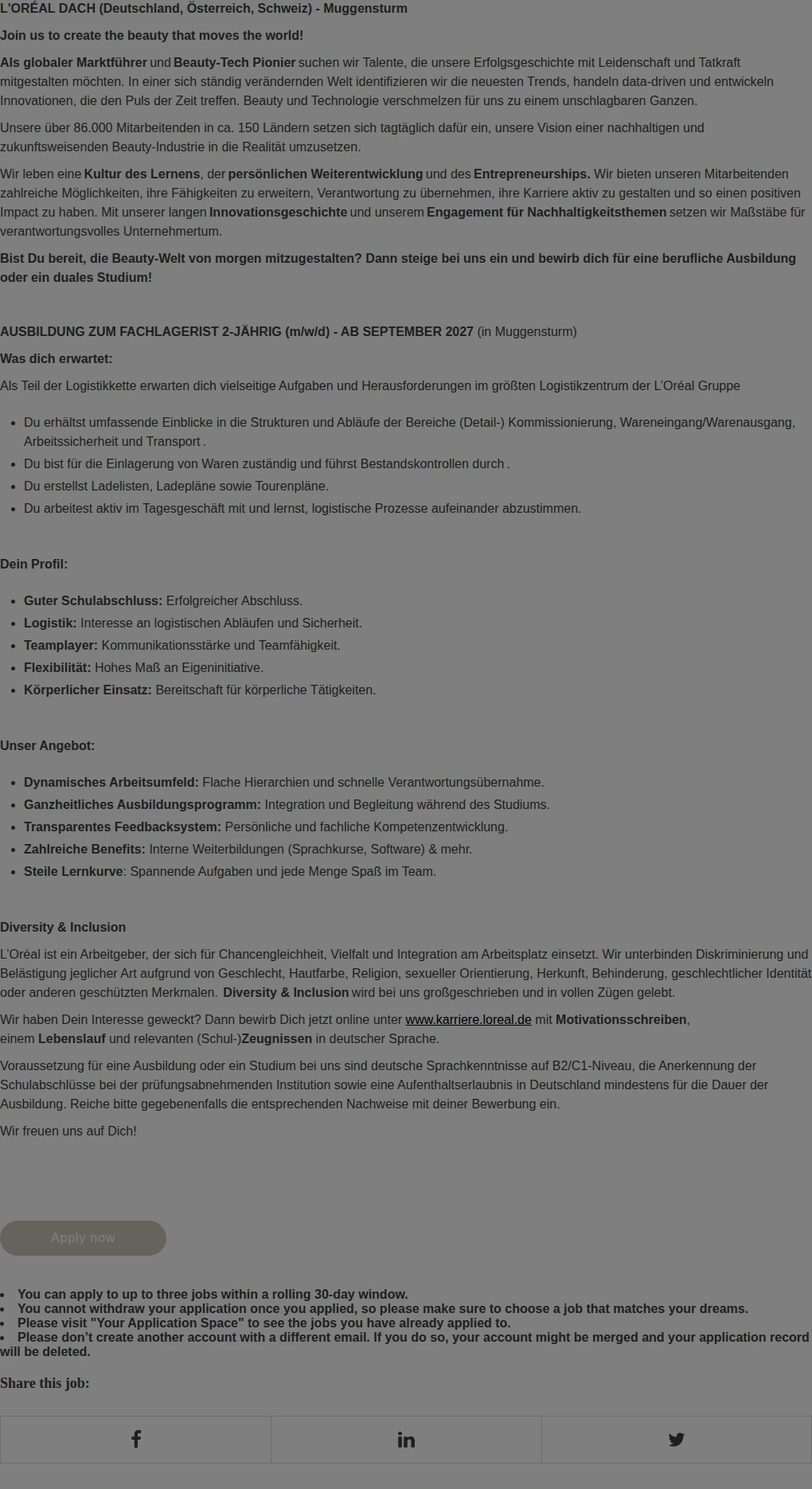 로레알(L'Oreal) Ausbildung Fachlagerist 2-jährig (m/w/d) - ab September 2027 채용공고