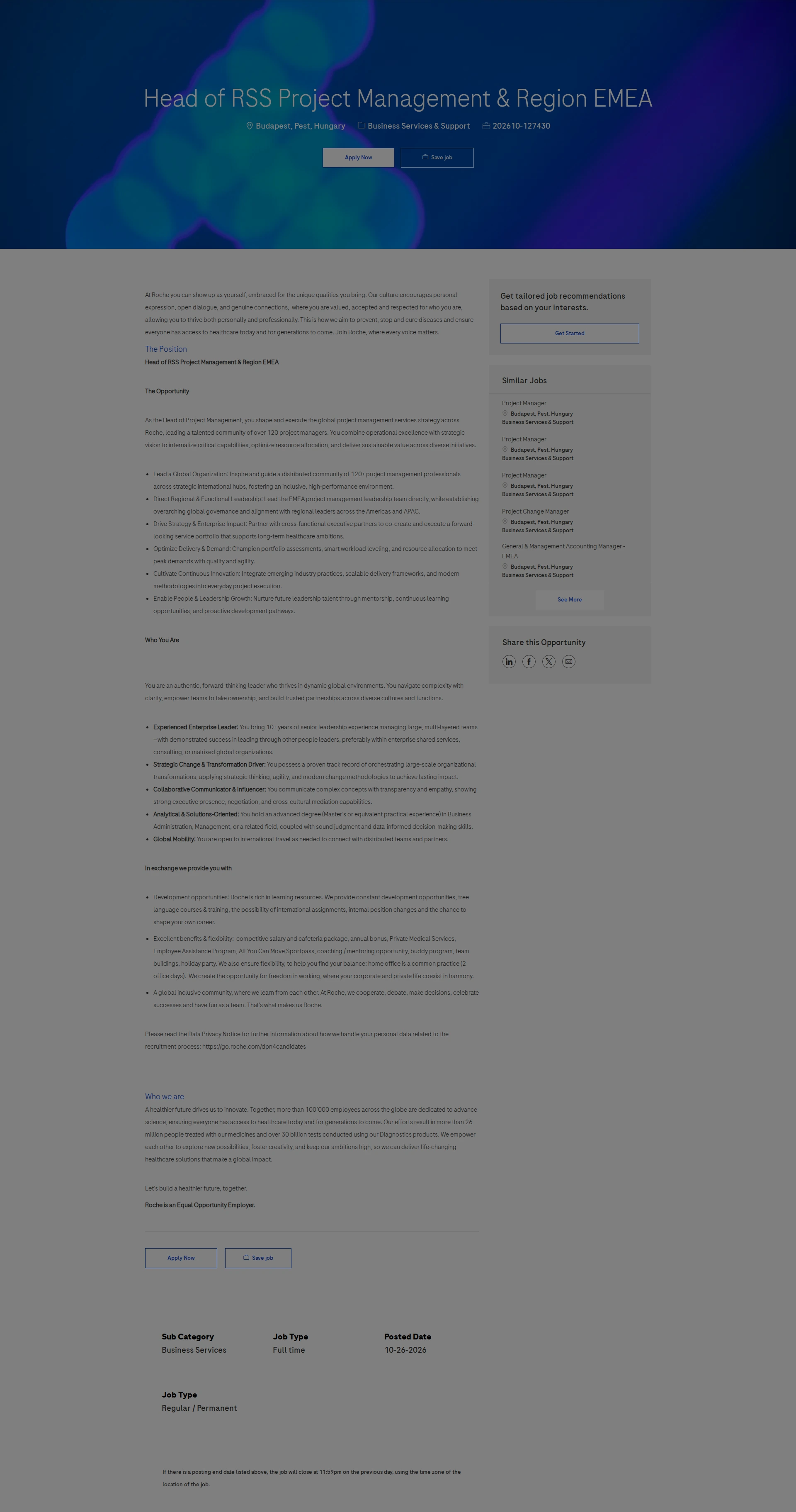 로슈 Head of RSS Project Management & Region EMEA 채용공고