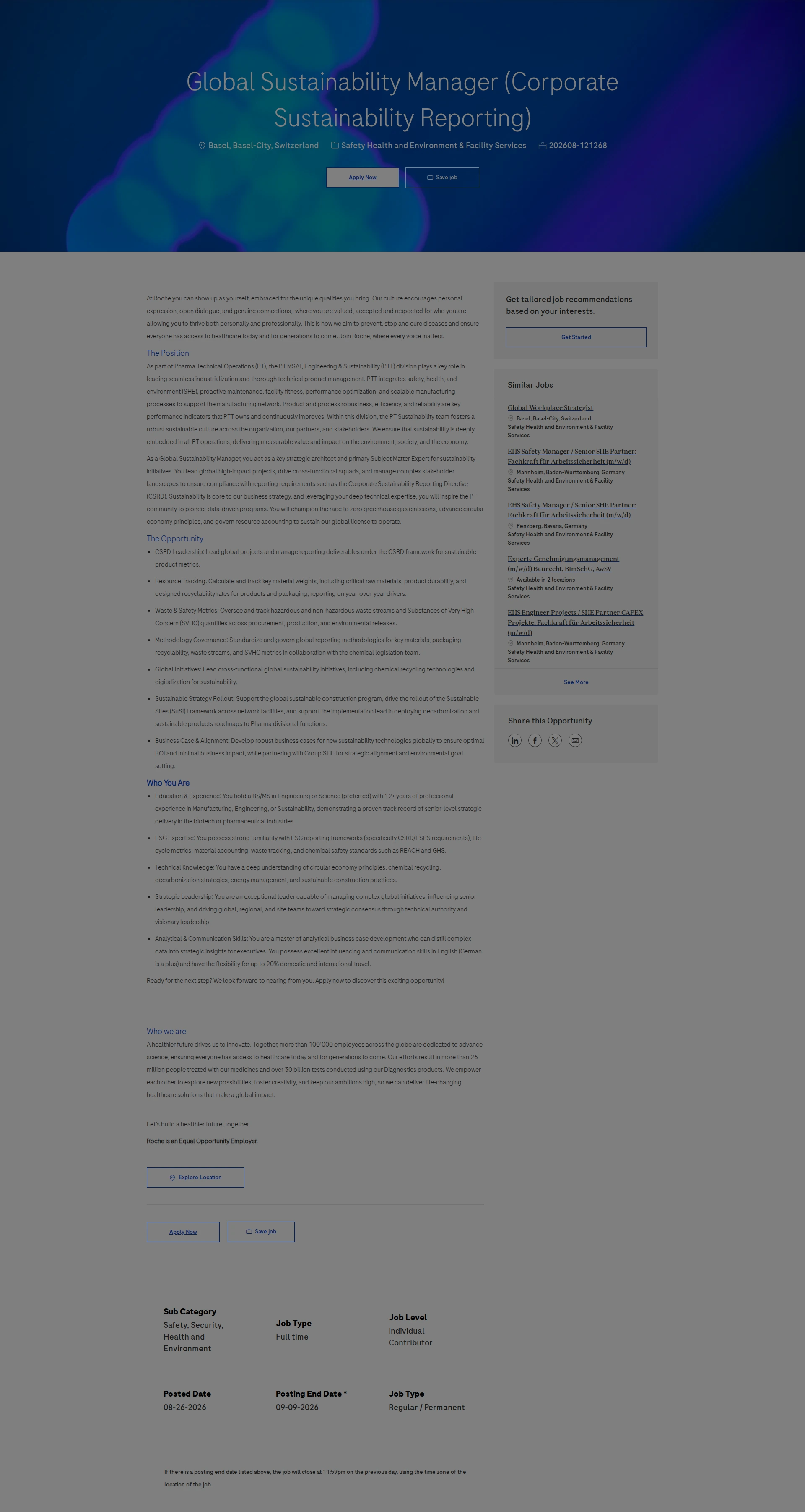 로슈 Global Sustainability Manager (Corporate Sustainability Reporting) 채용공고