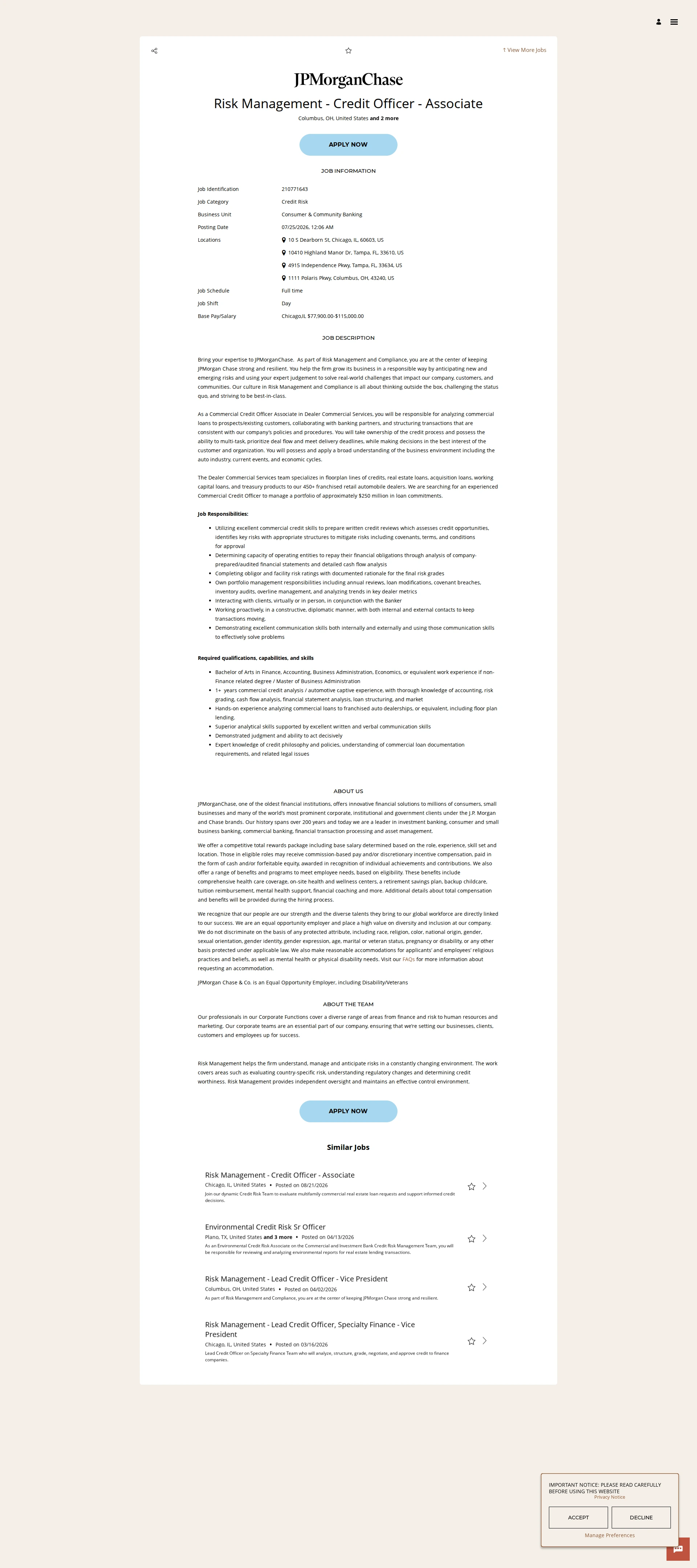 JPMorganChase Risk Management - Credit Officer - Associate 채용공고
