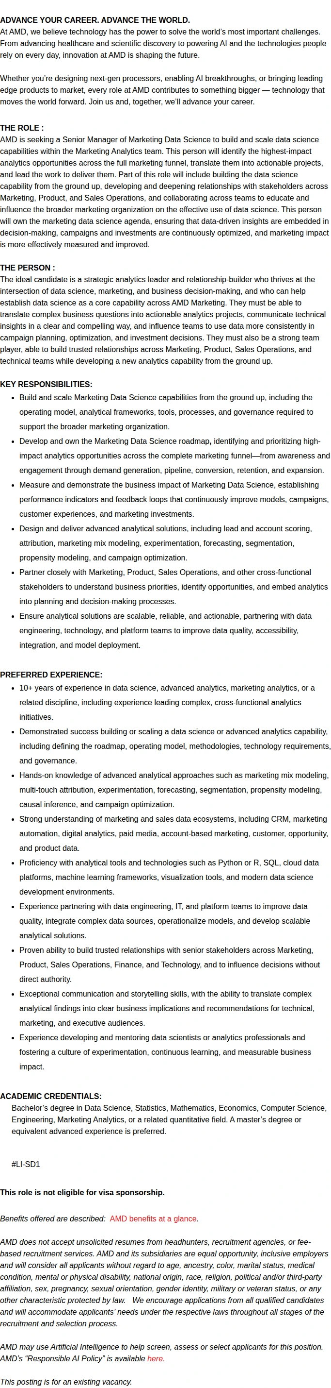 AMD Sr. Data Analytics Manager 채용공고