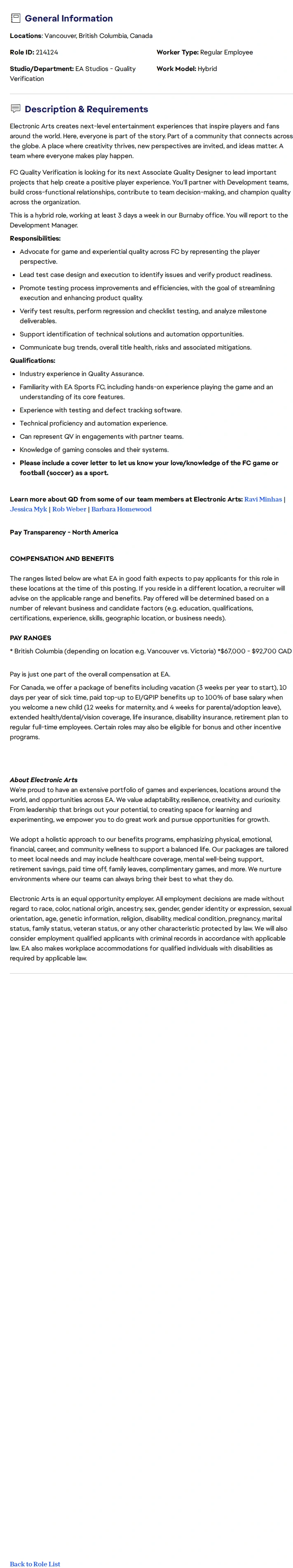 ElectronicArts EA Sports FC - Associate Quality Designer - FC Quality Verification 채용공고
