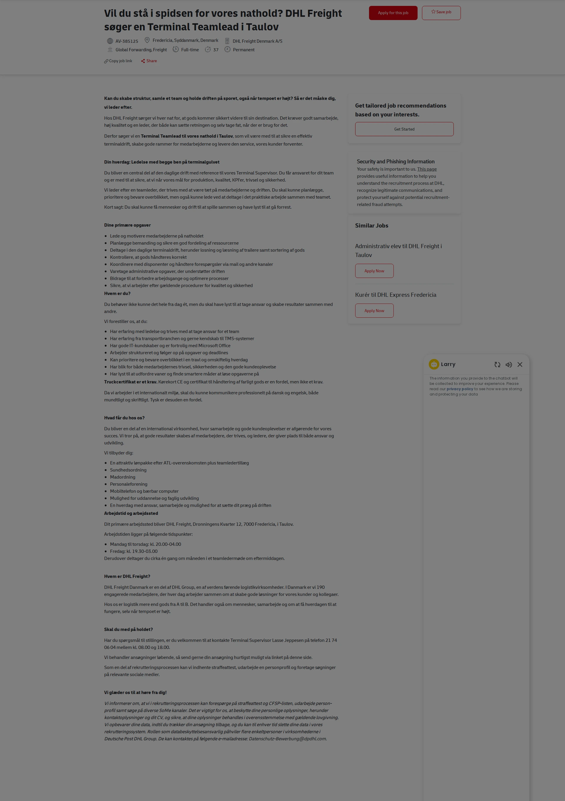 DHL Vil du stå i spidsen for vores nathold? DHL Freight søger en Terminal Teamlead i Taulov 채용공고