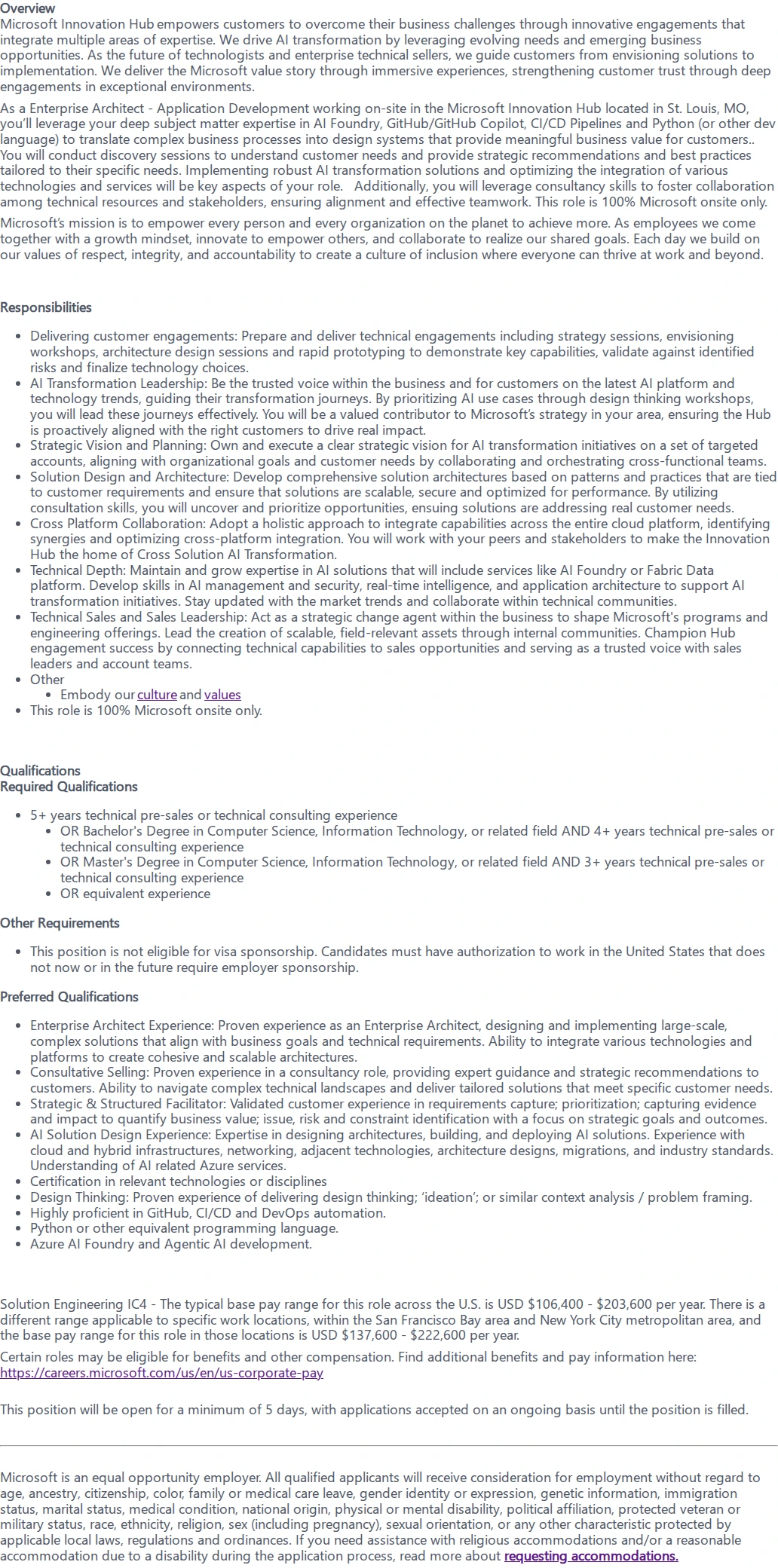 마이크로소프트(Microsoft) Enterprise Architect - Application Development - St. Louis Innovation Hub 채용공고