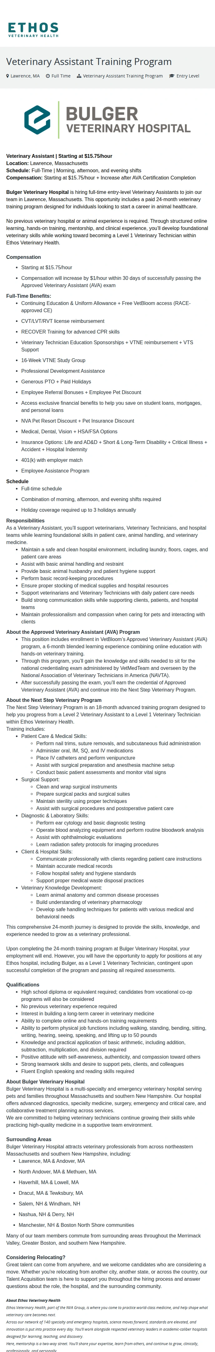 Ethos Veterinary Health Veterinary Assistant Training Program 채용공고