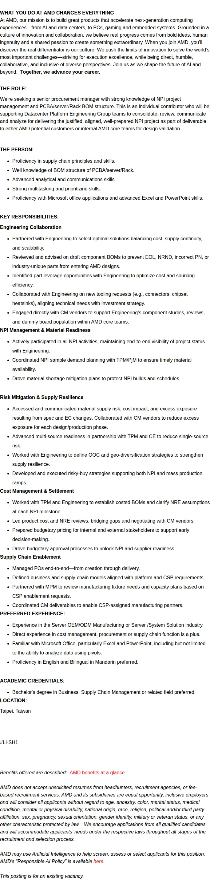 AMD Strategic Sourcing Manager (PCBA/Server/Rack BOM) 채용공고