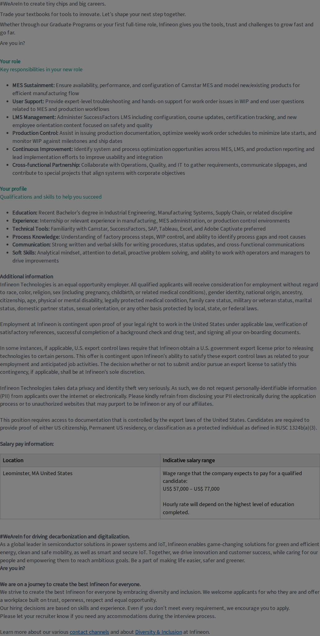 인피니언테크놀로지스코리아 Graduate - Operations Planning and Controlling Specialist 채용공고