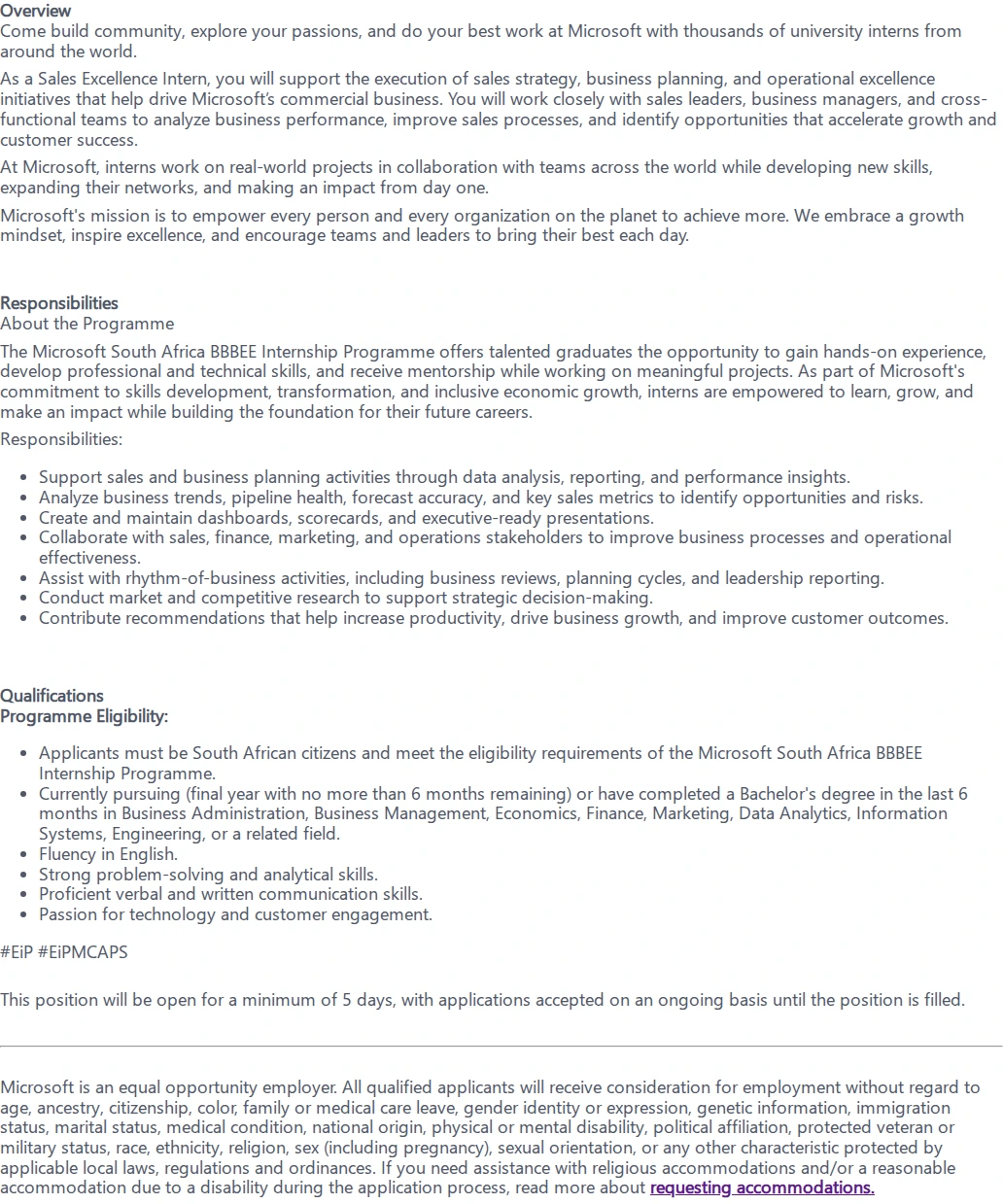 마이크로소프트(Microsoft) Sales Excellence Mgr - BBBEE Internship 채용공고