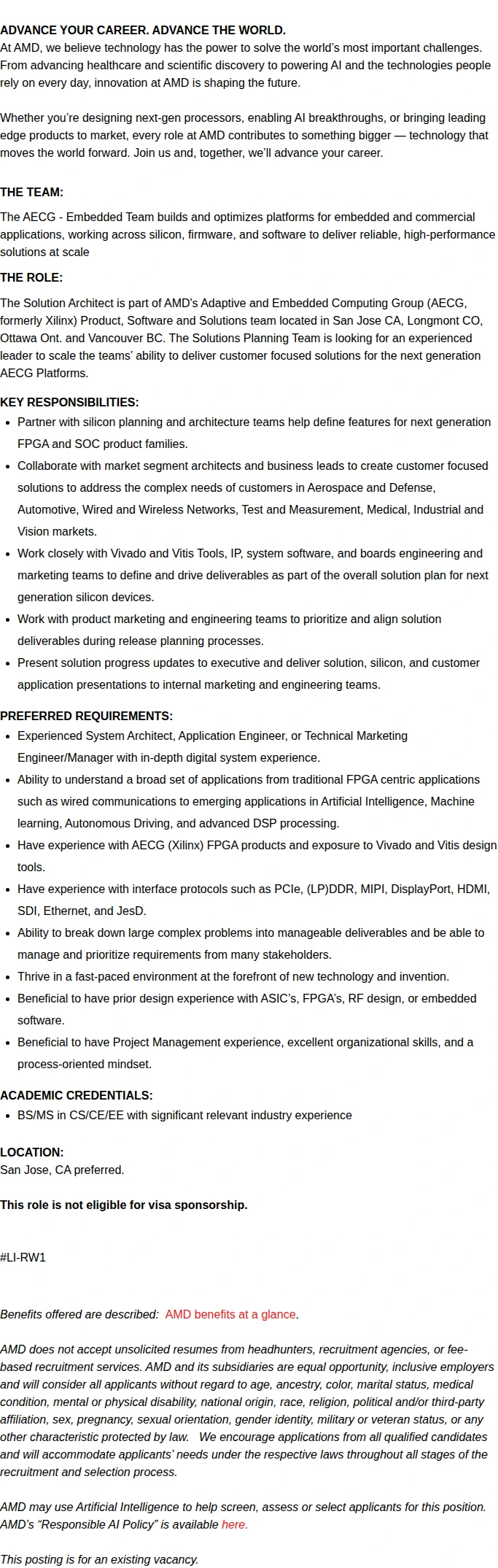 AMD Solution Architect, FPGA/SoC - AECG 채용공고