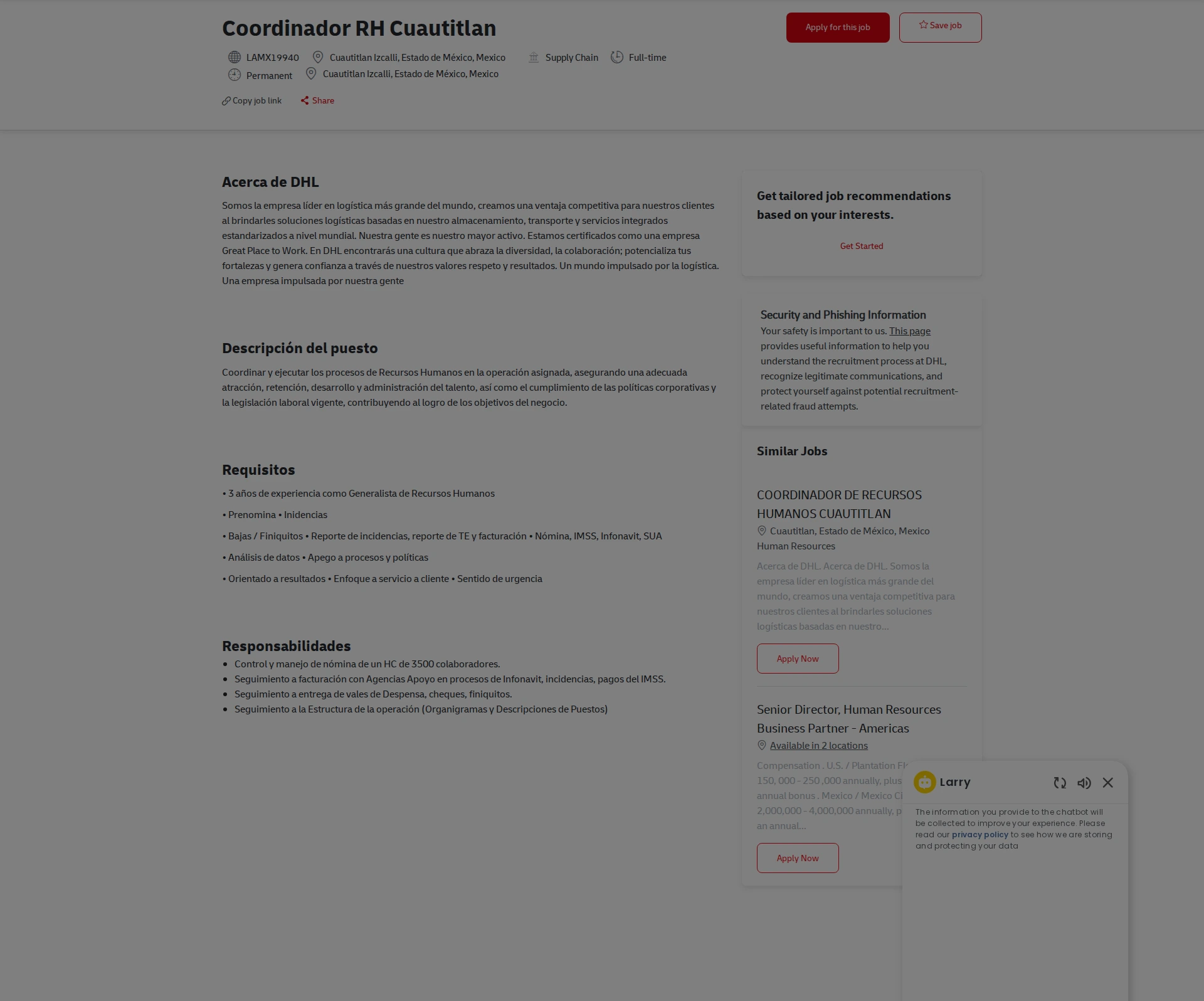 DHL Coordinador RH Cuautitlan 채용공고