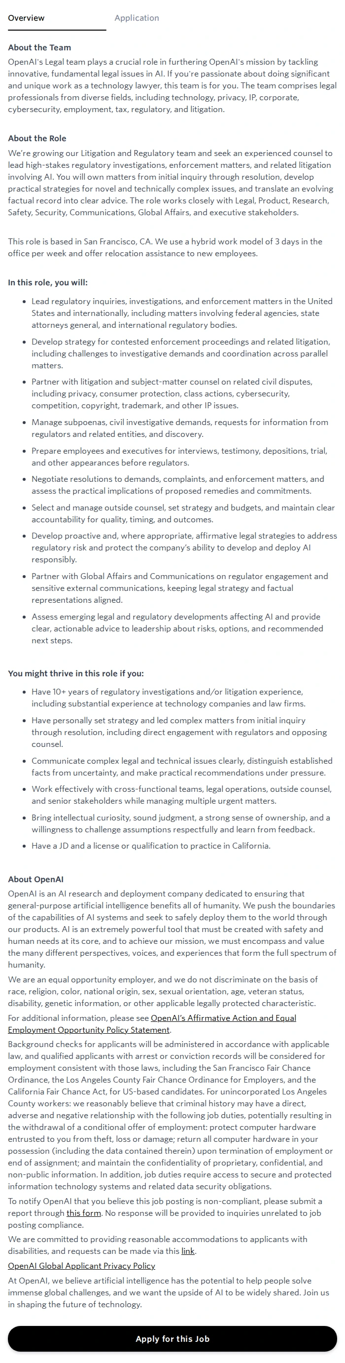오픈에이아이(OpenAI) Senior Counsel, Litigation & Regulatory 채용공고