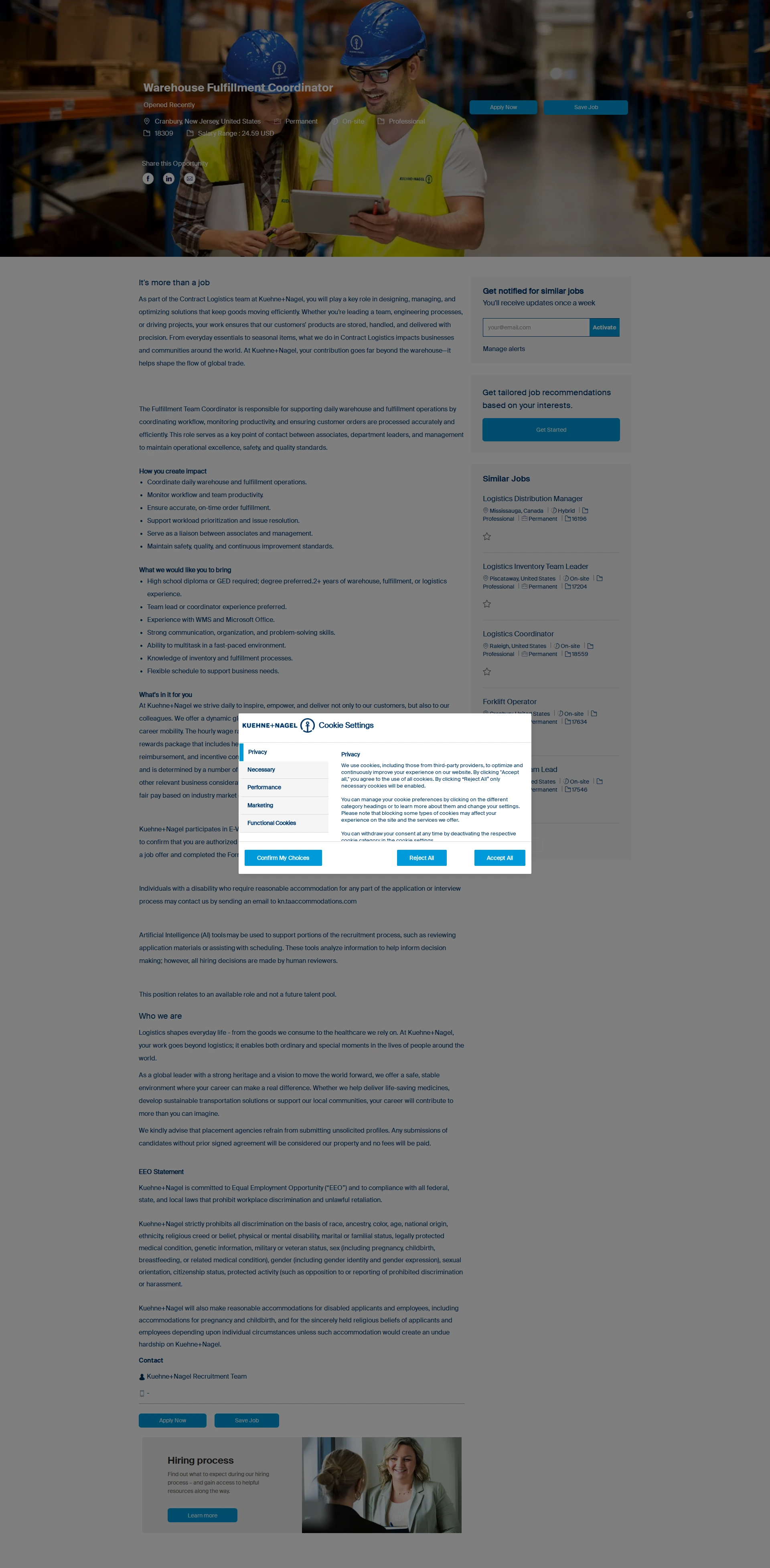 퀴네앤드나겔 Warehouse Fulfillment Coordinator 채용공고