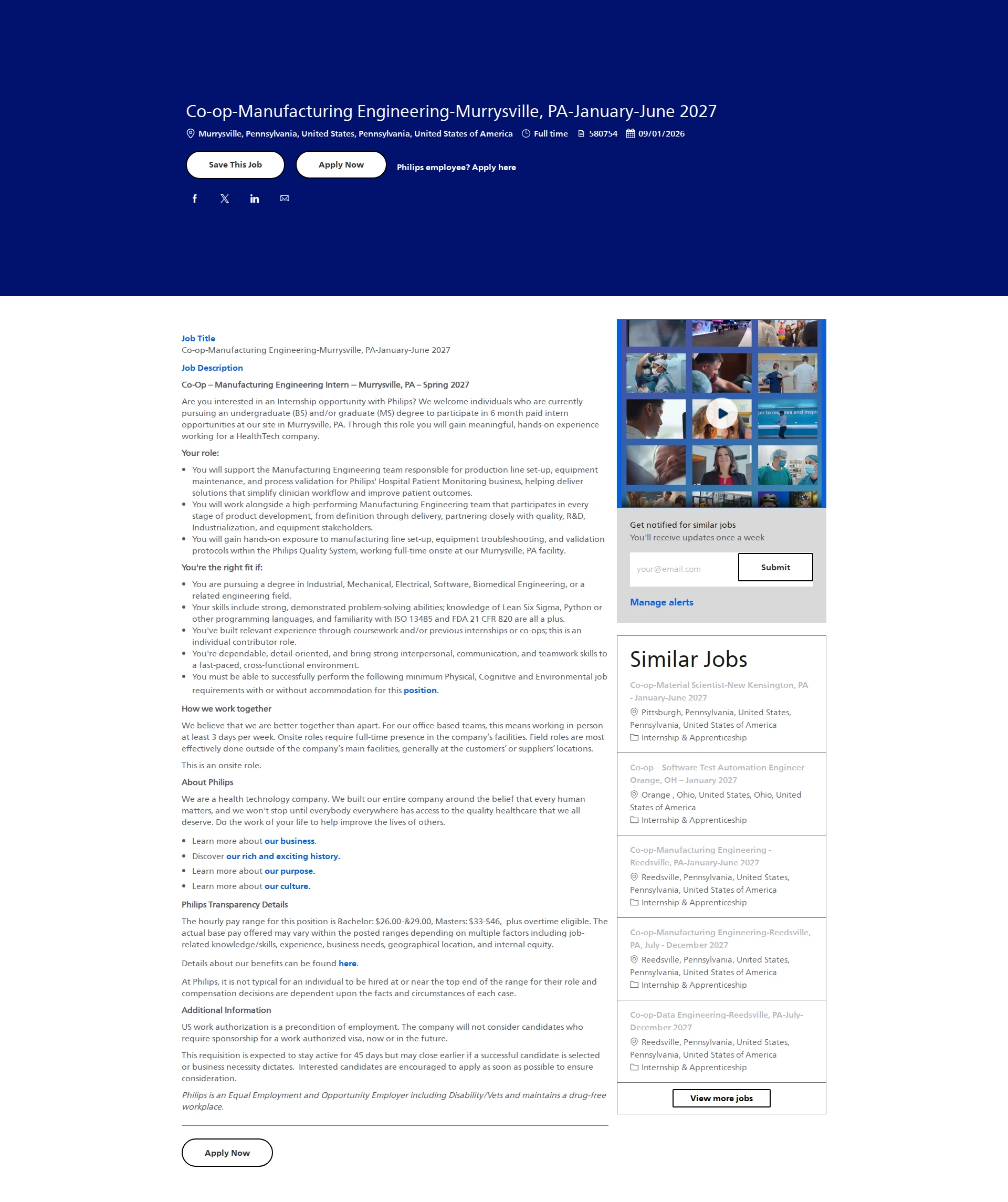 필립스 Co-op-Manufacturing Engineering-Murrysville, PA-January-June 2027 채용공고