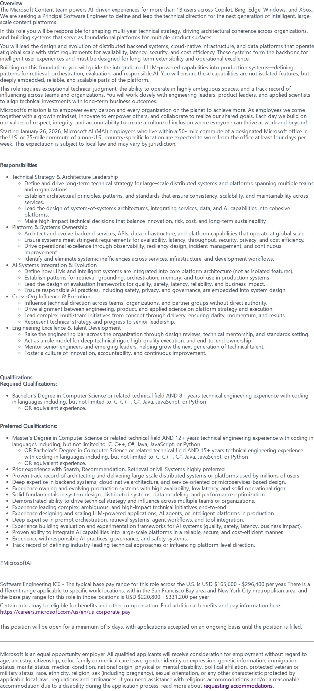 마이크로소프트(Microsoft) Principal Software Engineer, AI Content Systems 채용공고