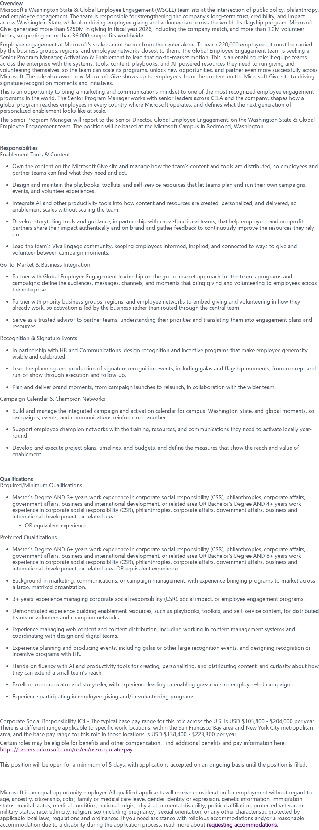 마이크로소프트(Microsoft) Senior Program Manager, Global Employee Engagement - Activation & Enablement 채용공고