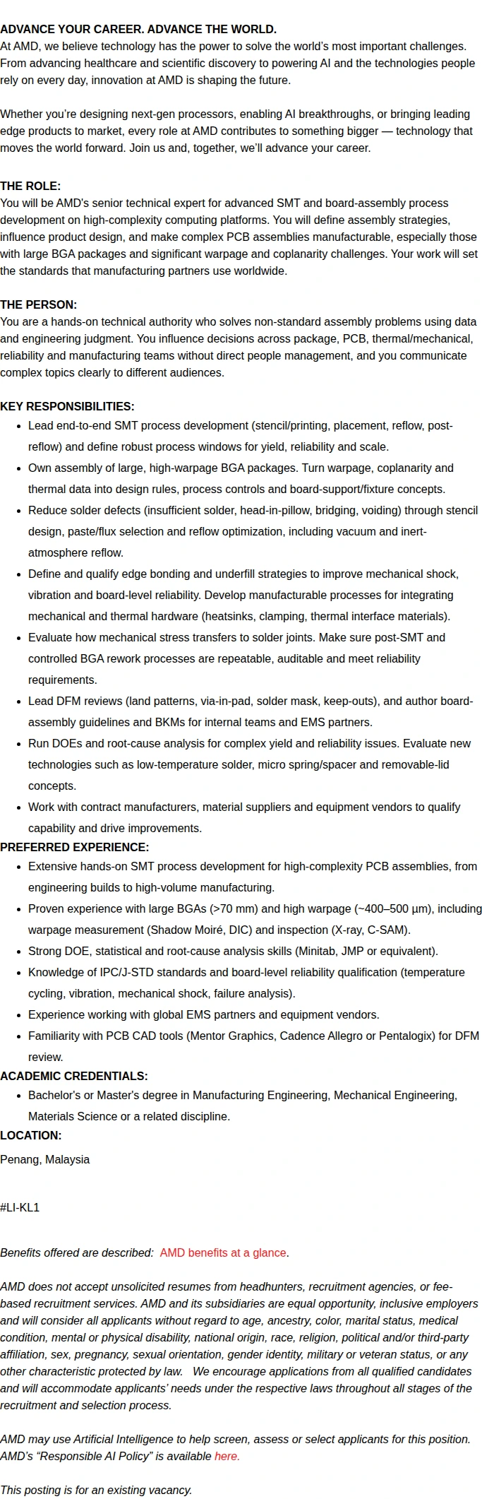 AMD Advanced SMT Process Development Engineer 채용공고