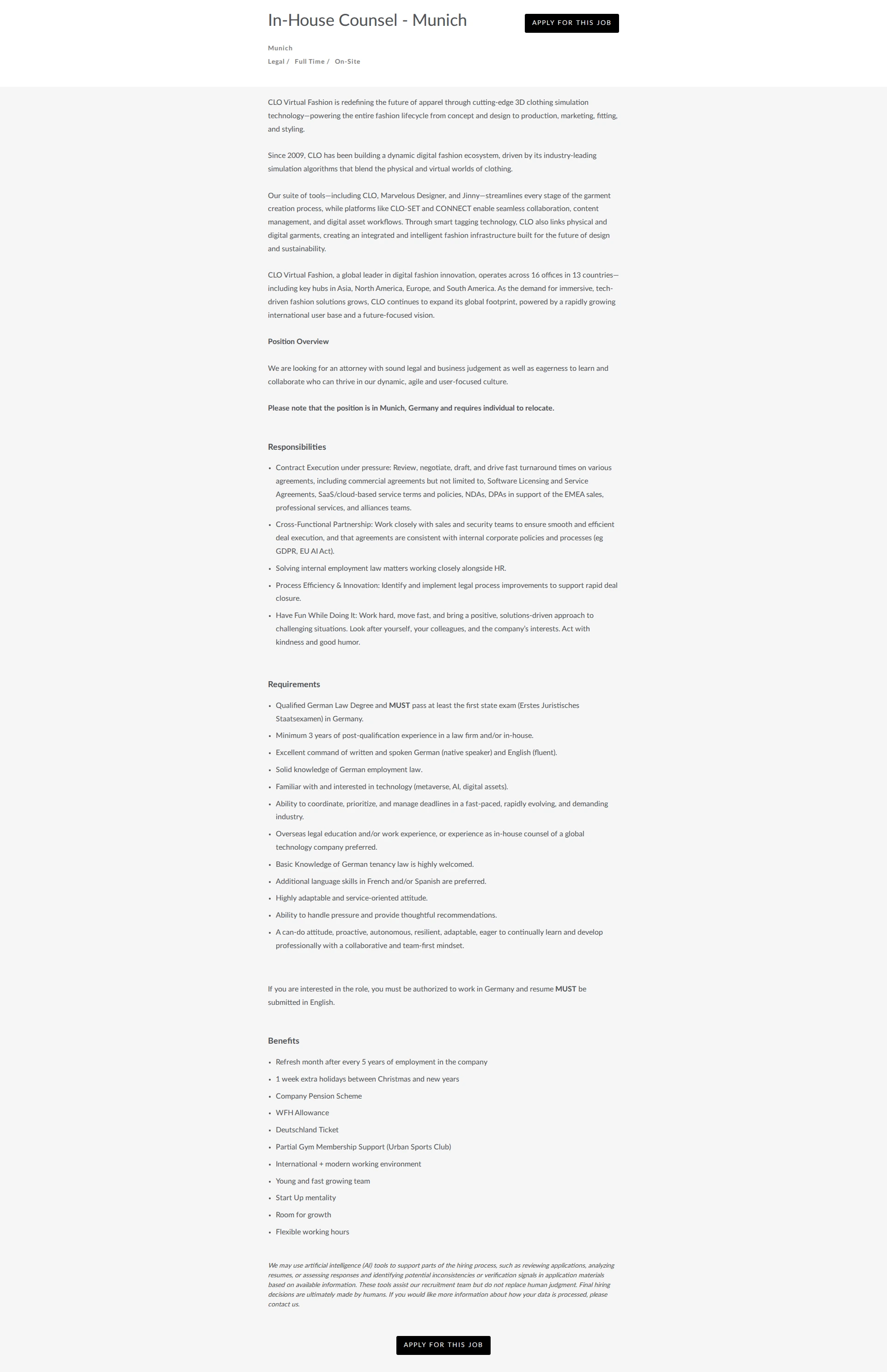 CLO In-House Counsel - Munich 채용공고