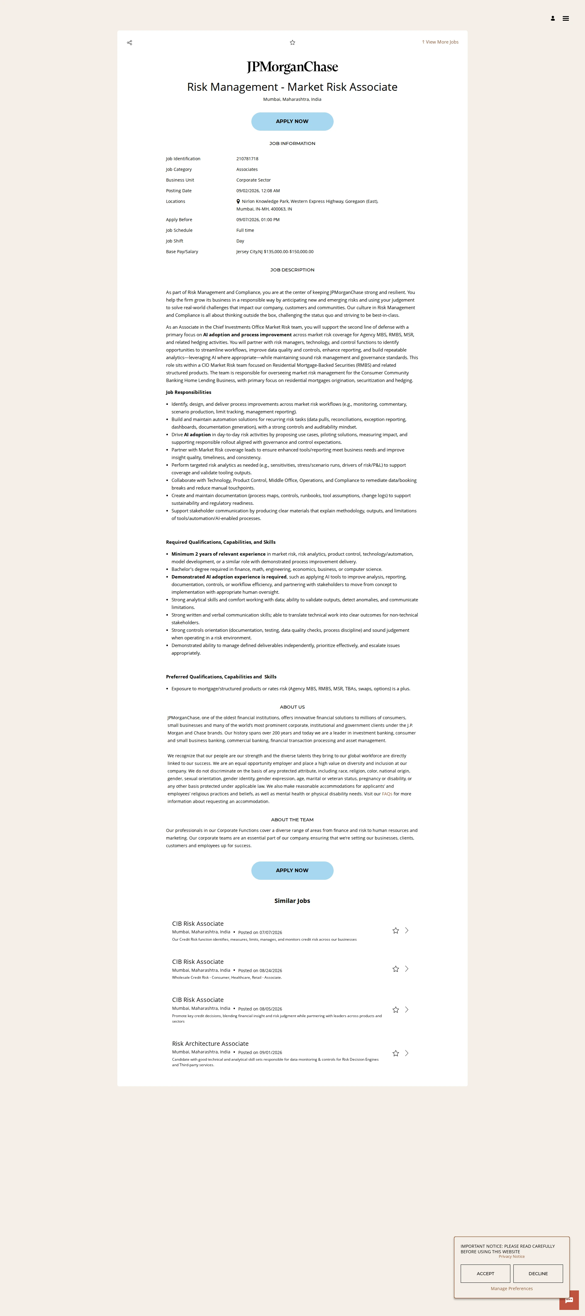 JPMorganChase Risk Management - Market Risk Associate 채용공고
